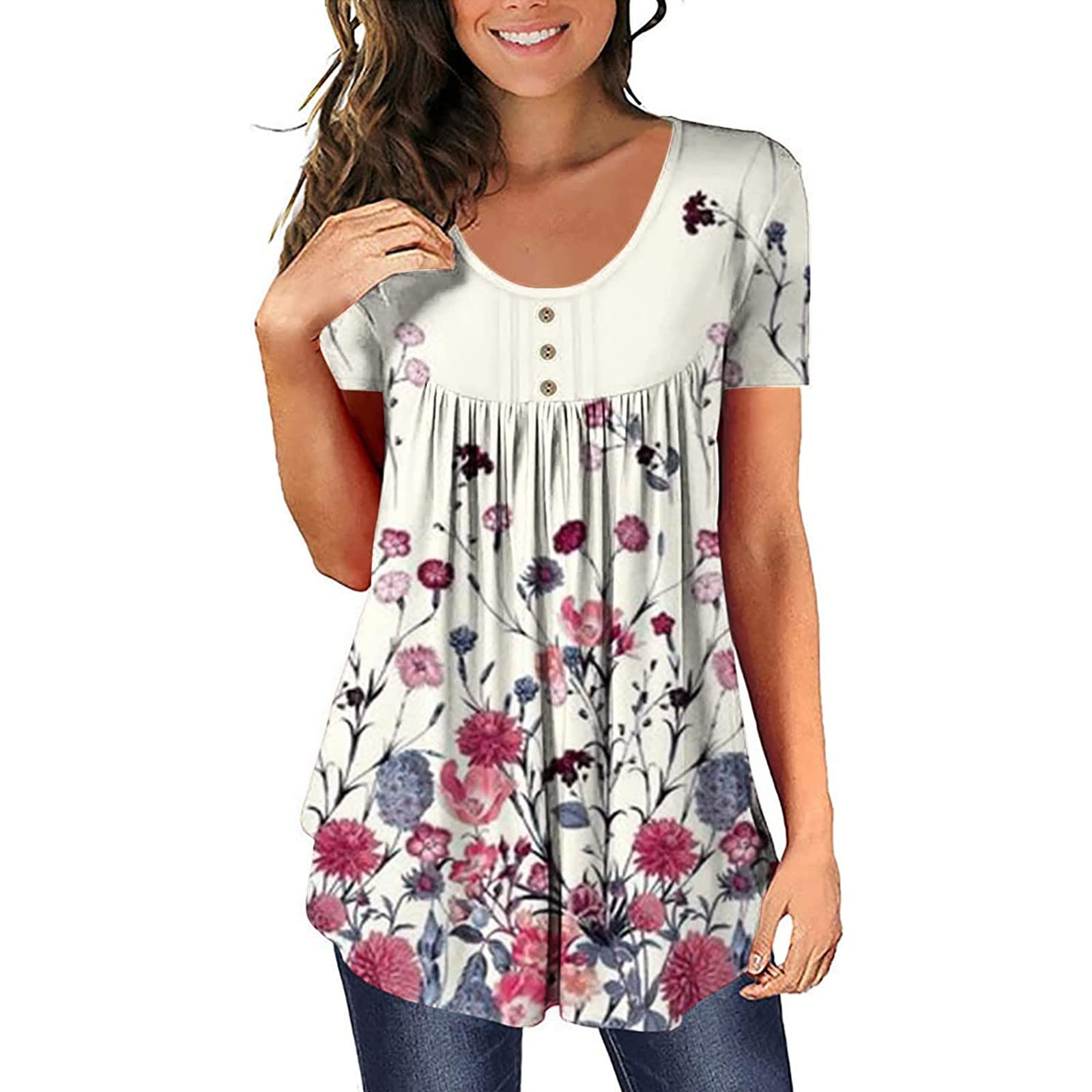 Women's Oversized Short Sleeve Crew Neck Floral Printed Button Up T-Shirt - Casual Comfortable Blouse for Summer, Streetwear & Everyday Outfits