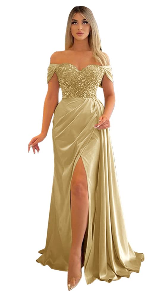 Elegant Mermaid Slit Prom Dresses 2024 | Off Shoulder Beaded Bridesmaid Gowns | Women's Formal Evening Party Dresses for Homecoming, Wedding & Special Occasions