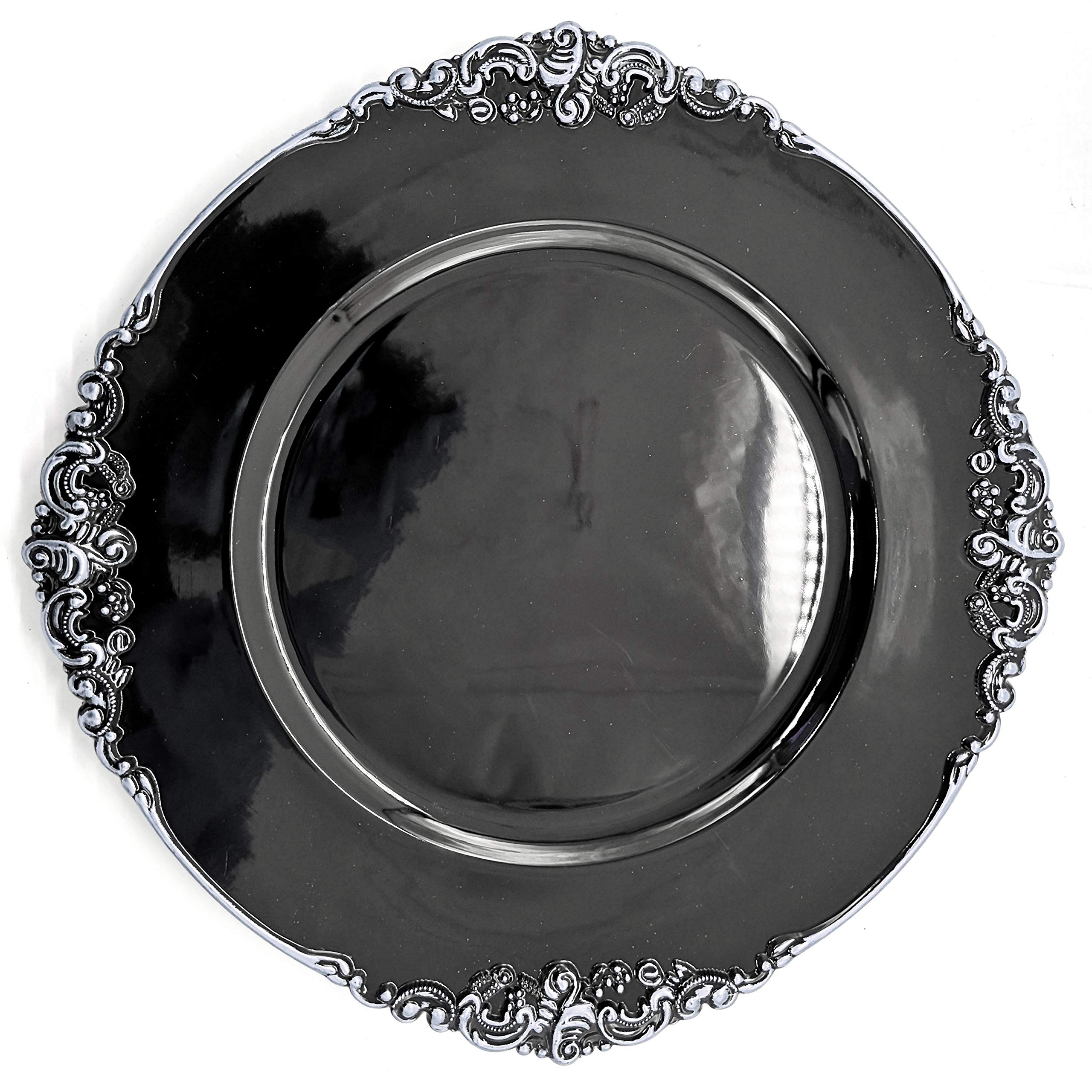 Allgala 13-Inch 48-Pack Premium Round Charger Plates - Floral Black with Silver Trim (HD80349) for Weddings, Banquets & Formal Dining Events