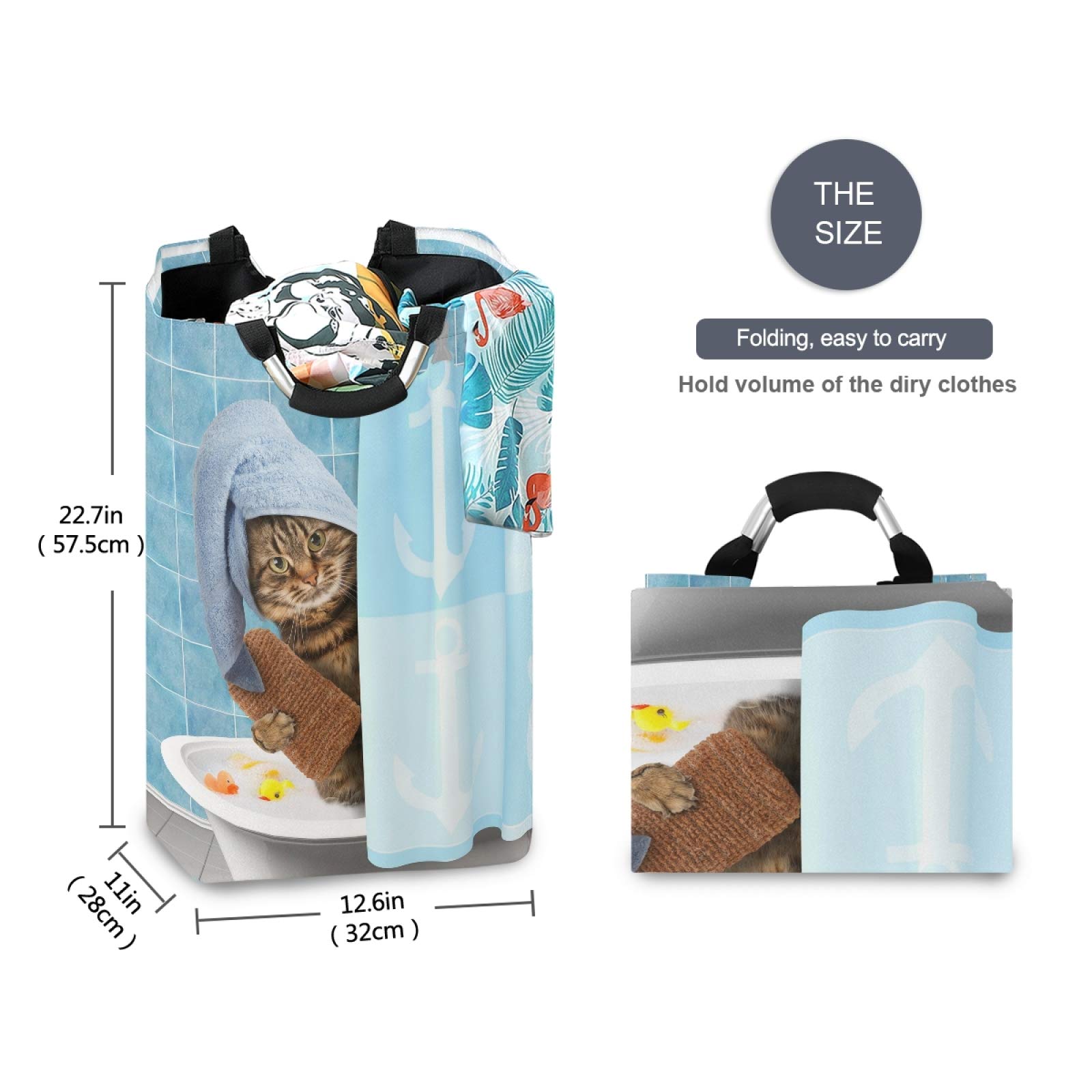 Funny Cat Shower Curtain Laundry Hamper - Foldable Waterproof Dirty Clothes Basket with Handles for Bathroom & Bedroom Storage | Perfect for Toy Organization, Bathroom Decor & Pet Lover Gifts