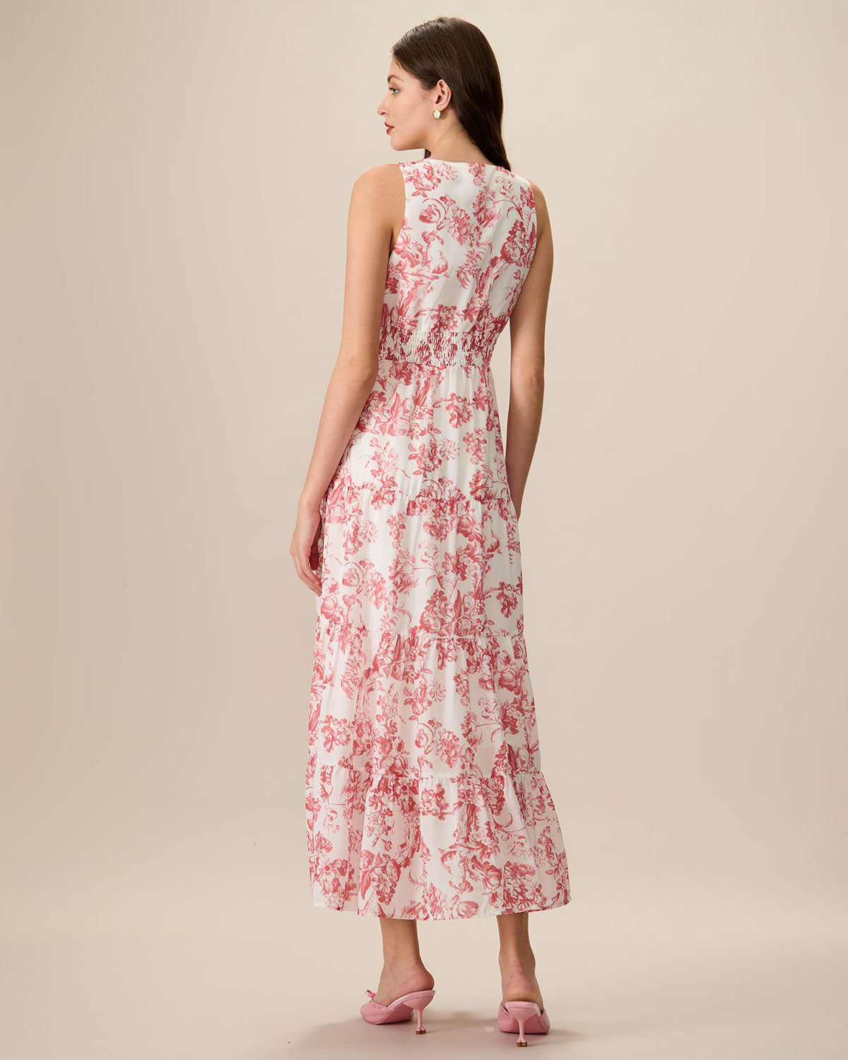 Women's Red Floral Ruched Sleeveless Maxi Dress - Elegant Summer Beach Wedding Party Gown for Vacation & Special Occasions