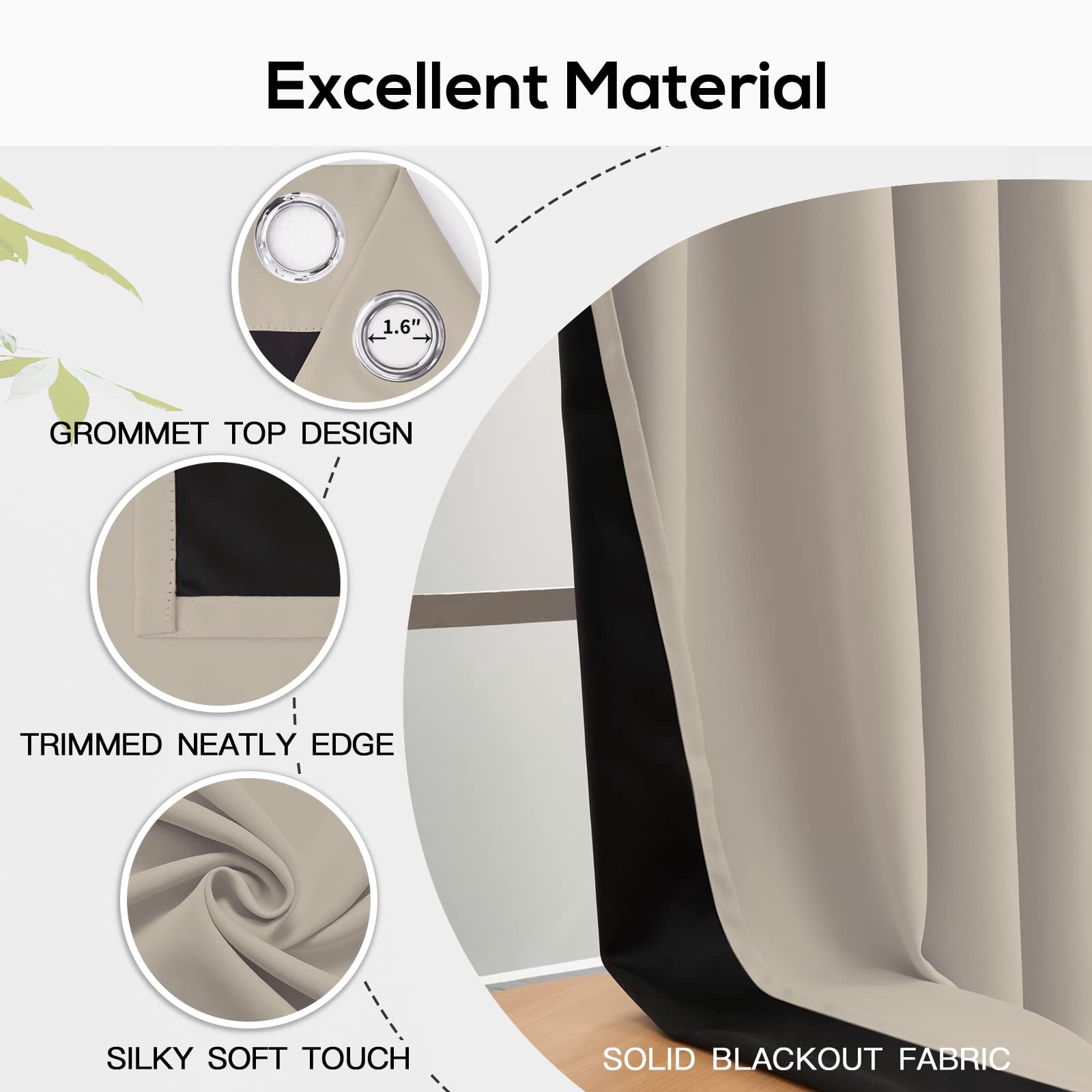 Yakamok 100% Blackout Curtains for Bedroom & Living Room - 84 Inch Length Thermal Insulated Drapes with Black Backing, Complete Light Blocking Grommet Panels (52Wx84L, Natural, 2 Panels) - Perfect for Home Theater, Nursery & Light Sleepers