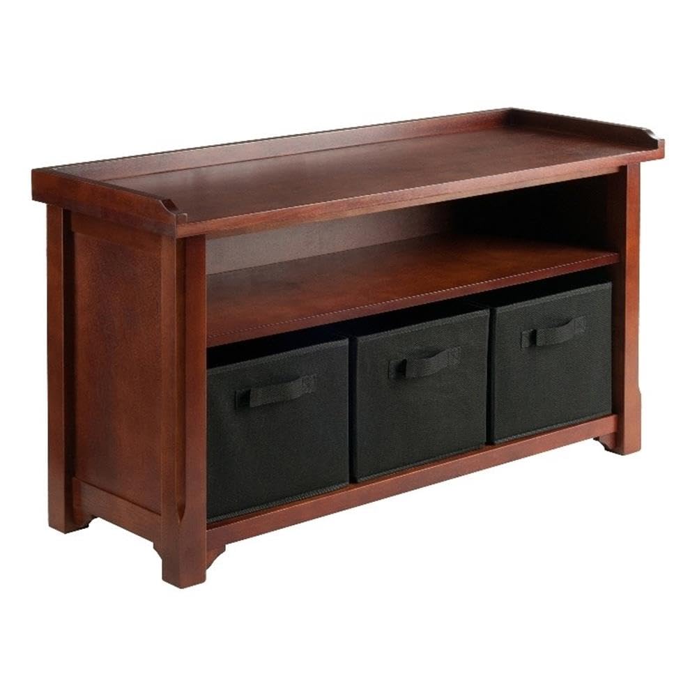 Pemberly Row Solid Wood Storage Bench with 3 Foldable Baskets - Walnut/Black - Entryway, Living Room, Bedroom Organizer - Perfect for Shoes, Blankets & Toys Storage