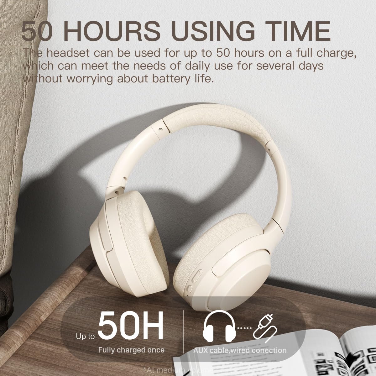 iKF T1 Wireless & Wired Headphones with Active Noise Cancelling, 50H Playtime, Built-in Mic, Dual Device Pairing - Compatible with iOS/Android (Off-White) - Perfect for Work, Travel & Gaming