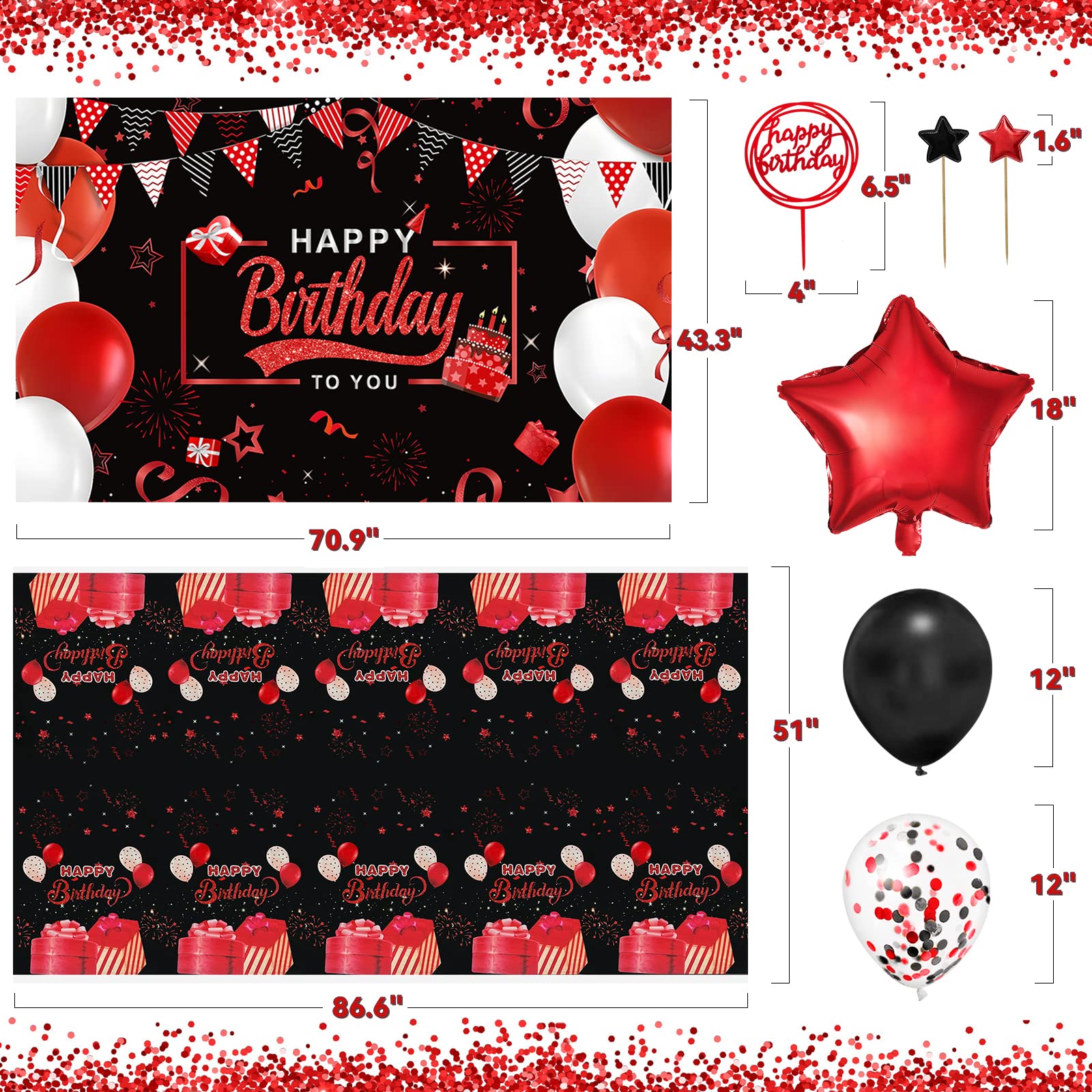Red and Black Birthday Party Decorations Kit for Men, Women, Boys & Girls - Includes Balloon Arch, Garland, Happy Birthday Backdrop, Star Foil Balloons, Cake Toppers & Tablecloth | Perfect for Adult Birthday Parties, Gender Reveals & Anniversary Celebrations