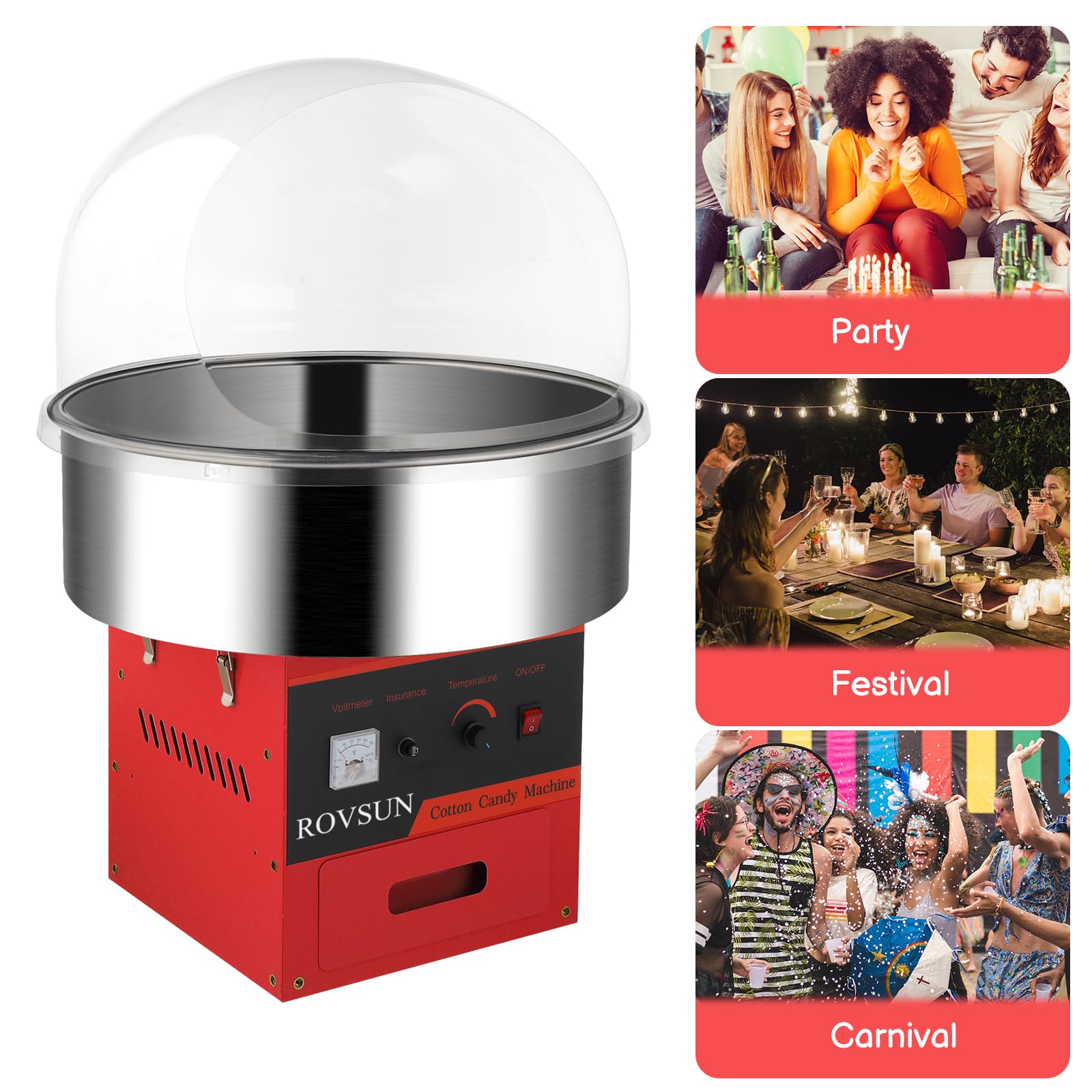 ROVSUN 21 Inch Commercial Cotton Candy Machine - Electric Candy Floss Maker with Stainless Steel Bowl, Cover, Sugar Scoop & Storage Drawer - Perfect for Parties, Carnivals, Fairs & Home Use (Red)