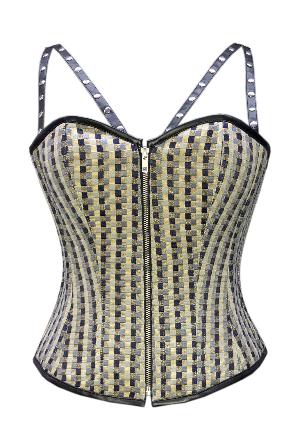 Black Checkered Leather Corset Dress - Gothic Steampunk Overbust Lace-Up Bustier for Women - Plus Size Victorian Costume for Cosplay, Halloween & Burlesque Parties