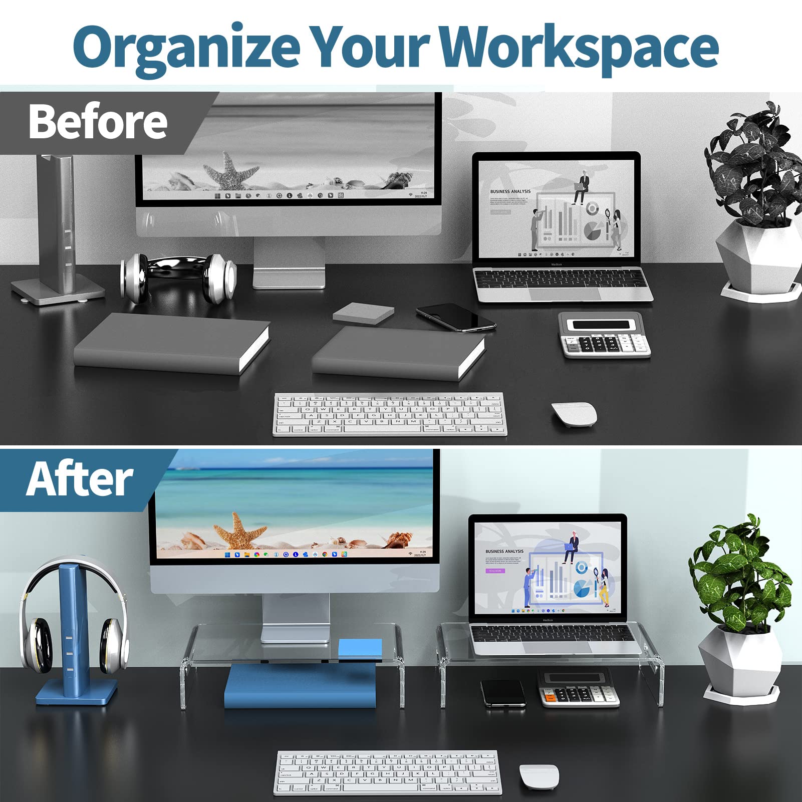 Premium Clear Acrylic Monitor Stand Riser - 2 Pack Computer Laptop Desk Organizer for Home Office, Dual Monitor Setup, Printer & Notebook - Ergonomic Workspace Solution for Better Posture & Organization