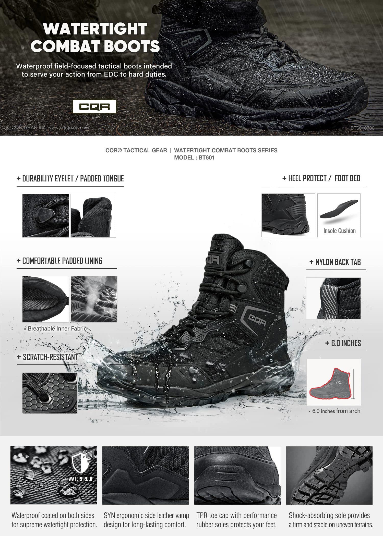CQR Men's Military Tactical Boots - Lightweight 6 Inch Combat Boots for Hiking, Work & Outdoor Activities | Durable EDC Work Boots with Slip-Resistant Sole | Perfect for Army, Police & Construction