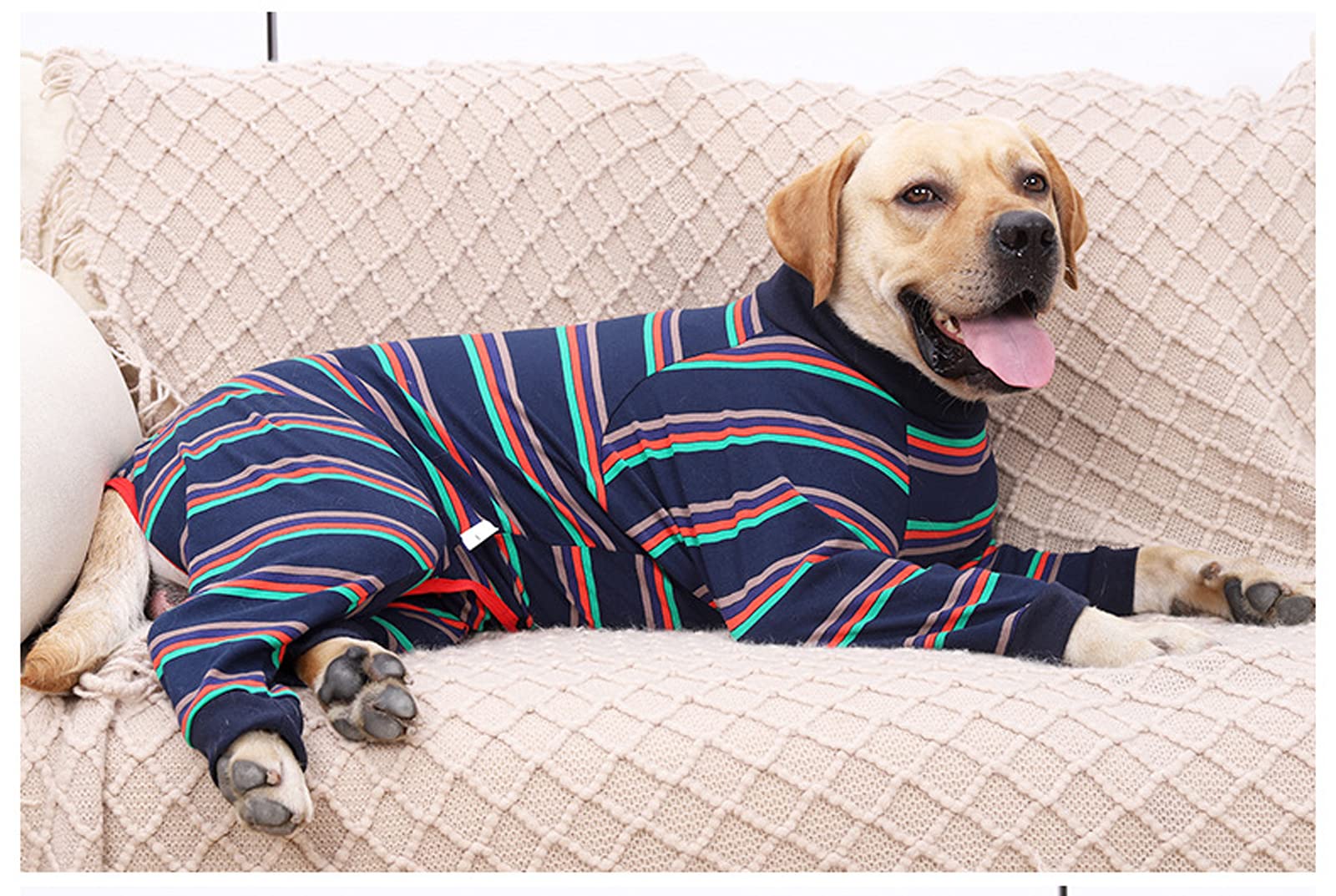Striped Dog Pajamas - Elastic 4-Leg Jumpsuit for Medium & Large Dogs | Lightweight Pet Clothes for Comfort & Warmth | Perfect for Indoor Lounging, Cold Weather & Post-Surgery Recovery (Navy Blue, Size S)