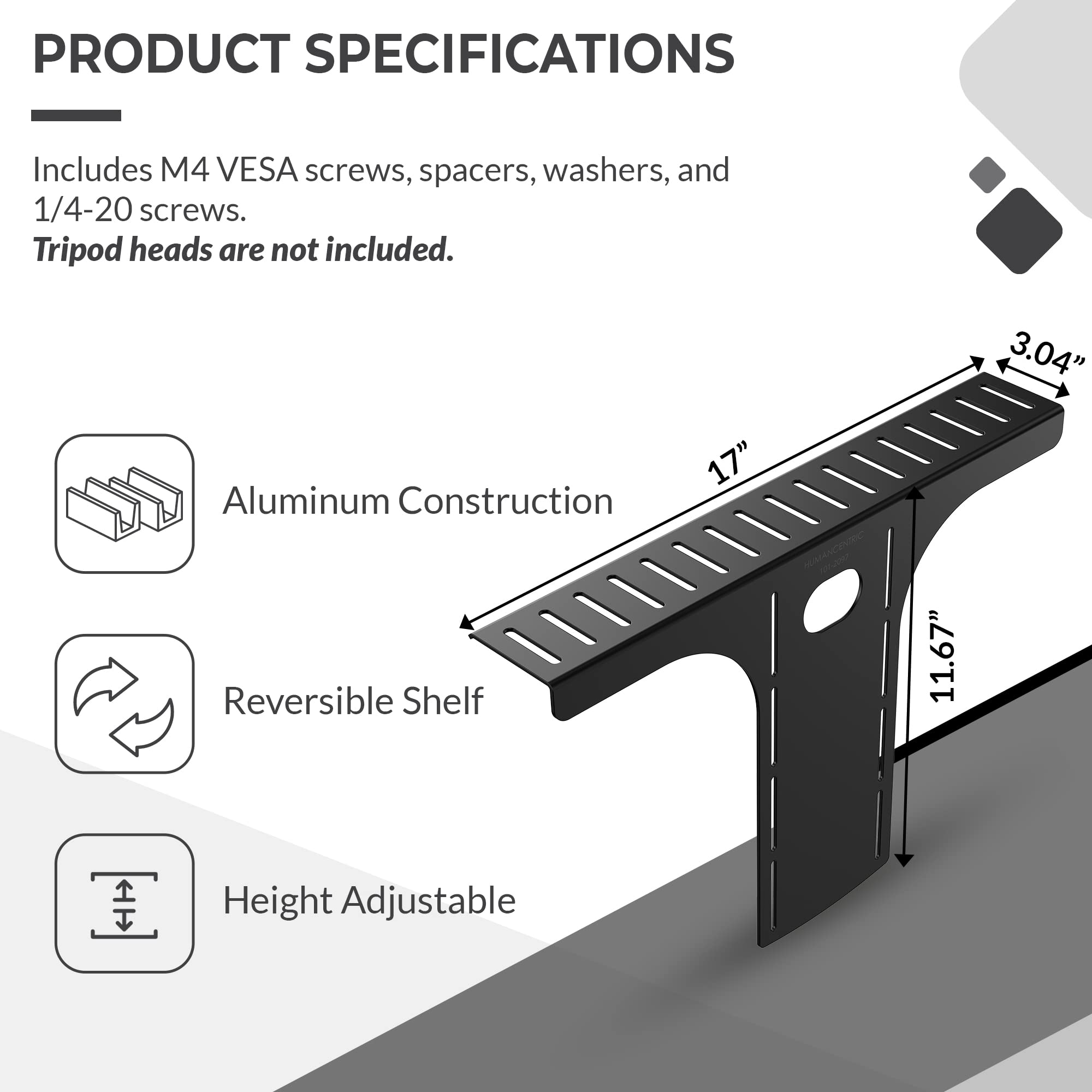 HumanCentric DSLR Monitor Mount - Adjustable VESA Arm Camera Shelf for Desk, Webcam & Microphone Stand - Heavy Duty Monitor Riser for Photography & Streaming Setup - Perfect for Home Office, Gaming & Video Production Workspace