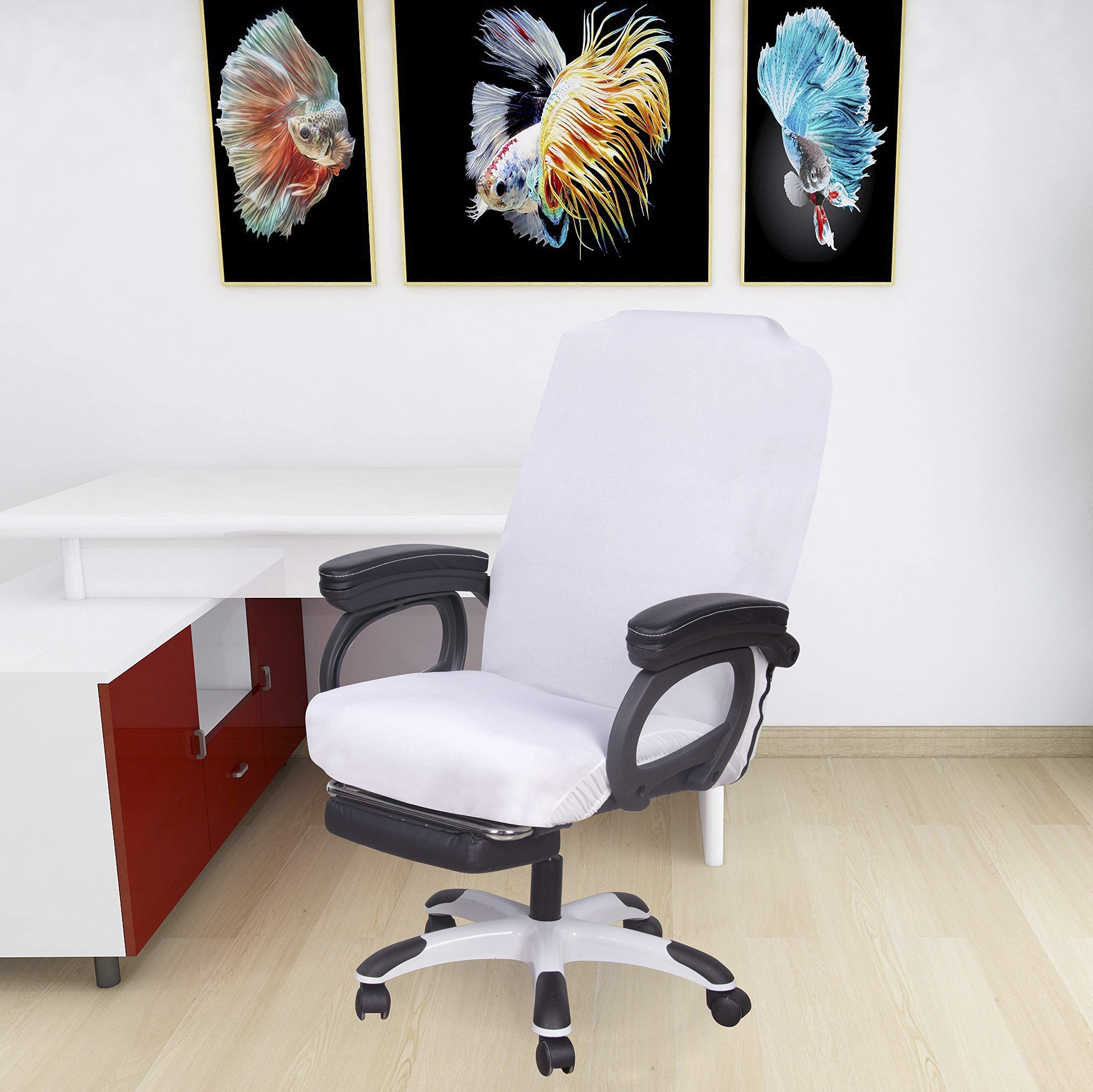 SARAFLORA White Office Chair Cover Medium - Removable Washable Zippered Computer Chair Protector for Universal Rotating Desk Chairs - Pet-Friendly Seat Cover for Home & Office Use