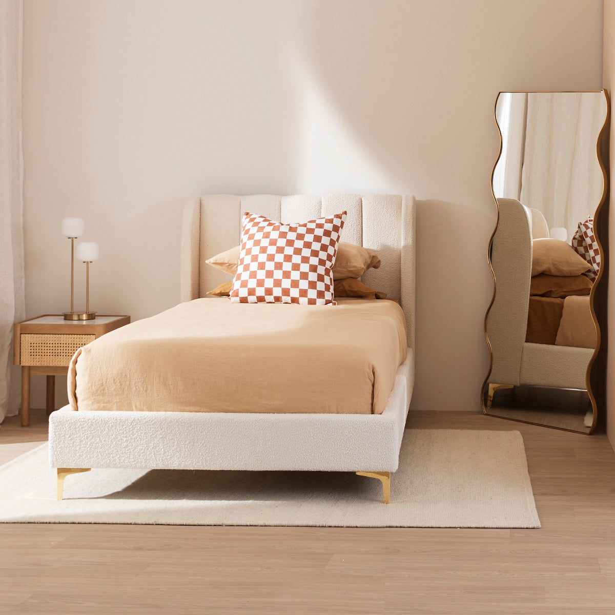 Georgia Boucle Fabric Single Bed Frame - White | Modern Minimalist Bedroom Furniture for Small Spaces & Guest Rooms