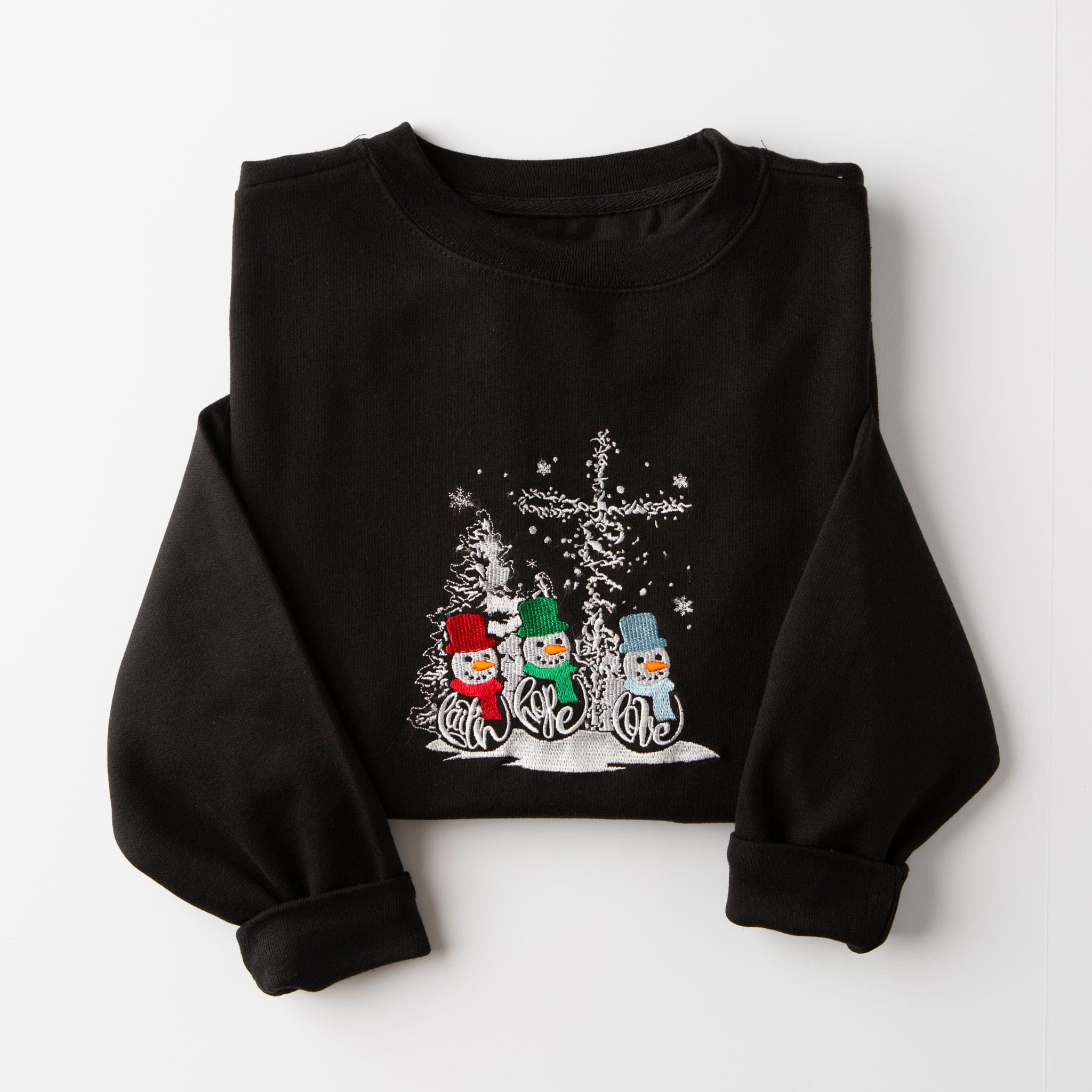 Faith Hope Love Embroidered Snowmen Sweatshirt - Cozy Christmas Pullover for Women, Holiday Family Matching Outfits, Winter Gift Idea