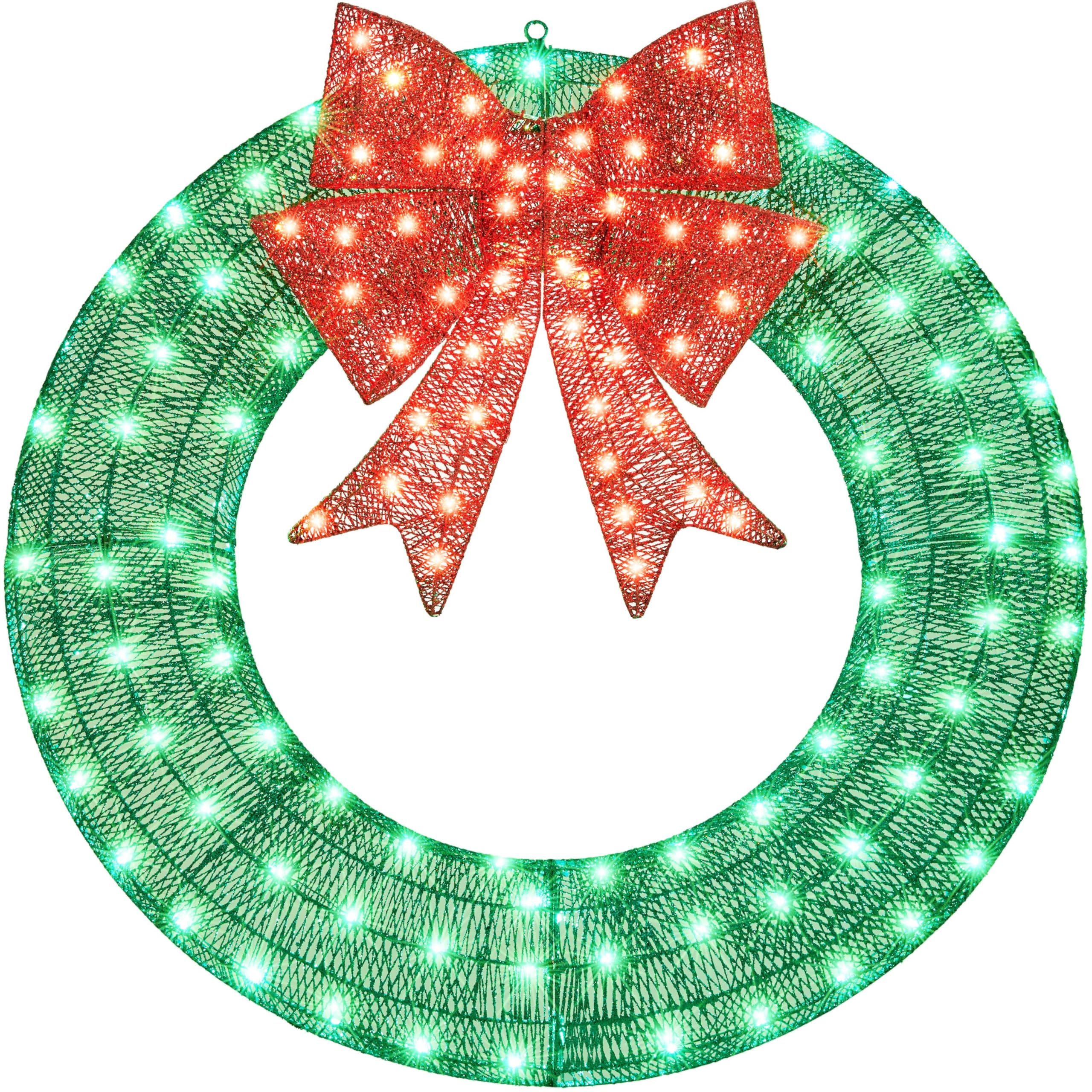 Yaheetech 48-Inch Large Christmas Wreath with 140 LED Lights & Bow - Pre-Lit Outdoor Holiday Decor for Front Door, Wall, Home Exterior, Garden - Festive Green Christmas Wreath for Porch, Fireplace & Holiday Party Decorations