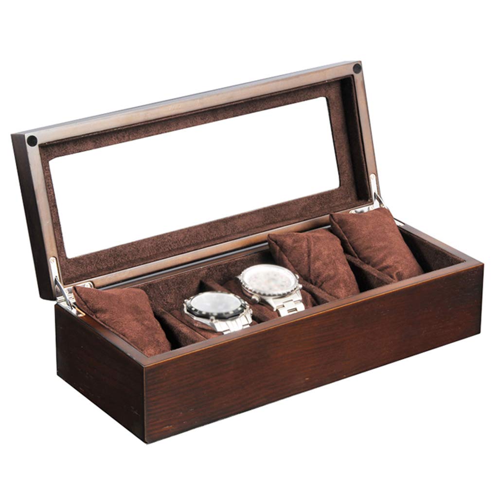 Premium Wooden Watch Box for Men - Luxury 5 Watch Storage Case with Glass Top & Removable Cushions, Jewelry Organizer Display (Brown) - Perfect for Watch Collectors, Gifts & Home Décor