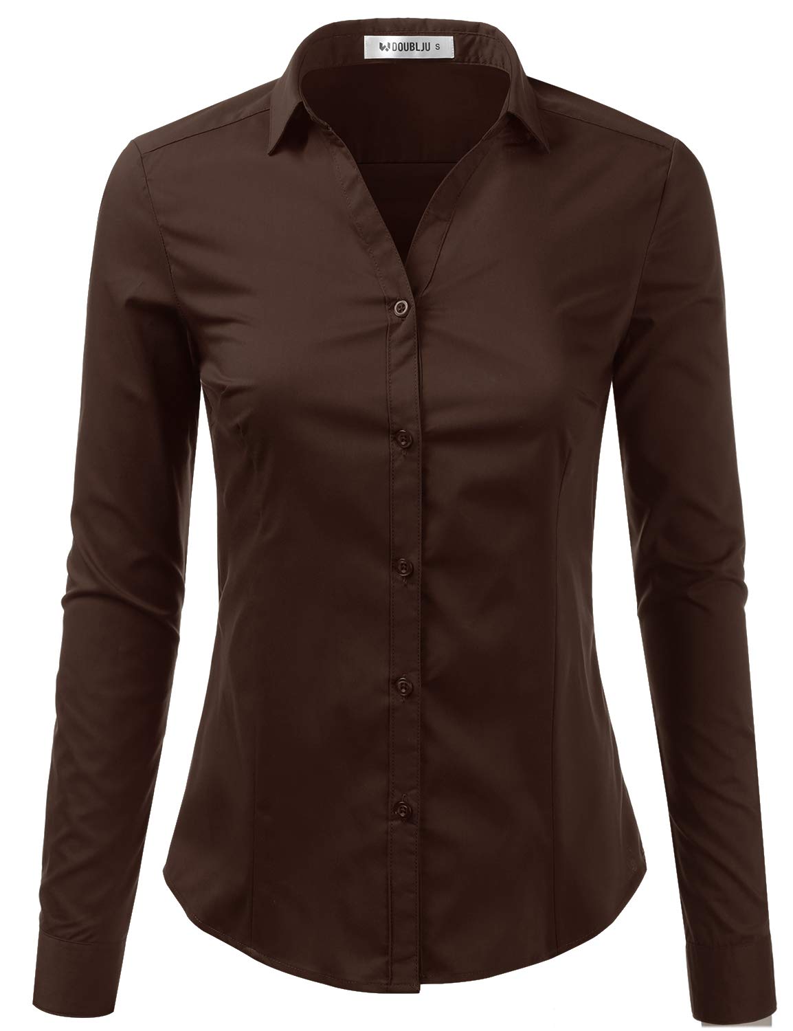 DOUBLJU Women's Slim Fit Long Sleeve Button Down Shirt - Classic Collared Office Blouse, Plus Size Available | Perfect for Business Casual, Workwear & Professional Outfits