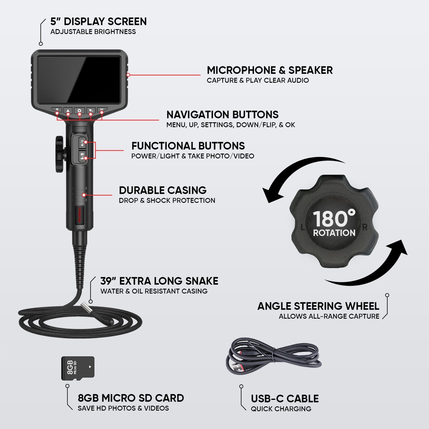 ES401 Dual Lens Articulating Endoscope with 6 Adjustable LED Lights - HD Inspection Camera for Plumbing, Automotive & HVAC Diagnosis | Waterproof Borescope for Pipe, Engine & Hard-to-Reach Area Examination
