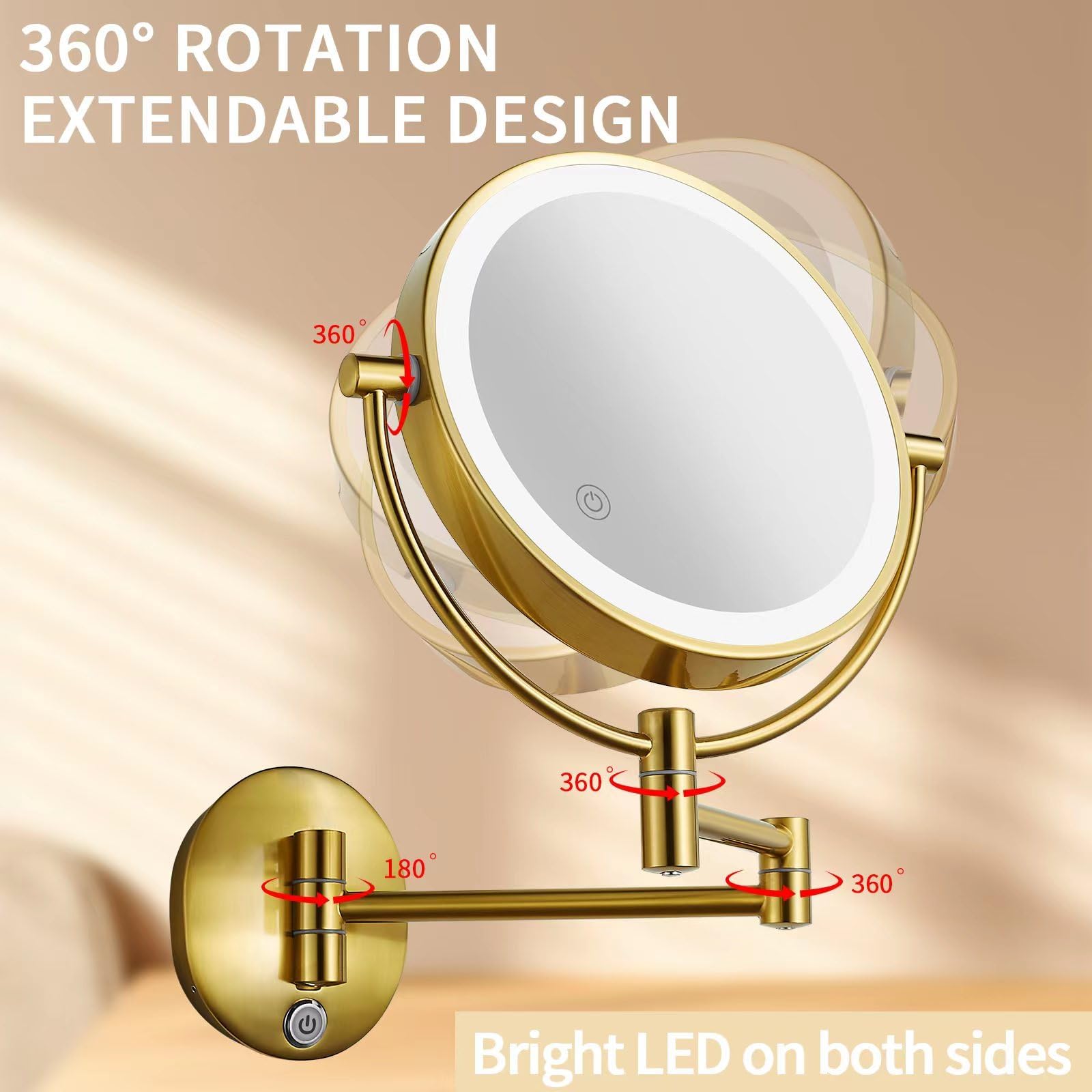 10X Magnifying Wall Mounted Makeup Mirror - 8 Inch Double Sided Vanity Mirror with LED Lights, USB Rechargeable, Touch Control (Antique Brass) - Perfect for Bathroom, Bedroom & Dressing Room Makeup Application