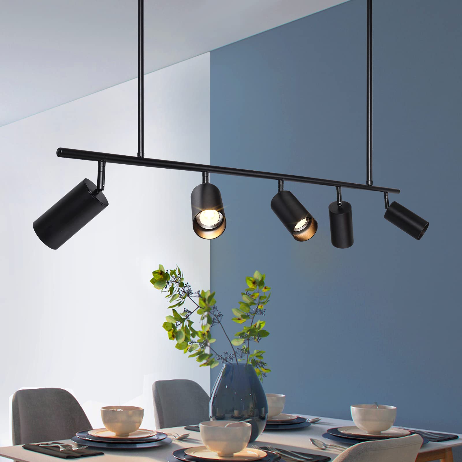 HUOKU 5-Light Adjustable Height Black Modern Chandelier - 43.3 Inch Pendant Ceiling Fixture for Kitchen Island, Dining Room, Living Room & Bar Lighting | Perfect for Contemporary Home Decor & Restaurant Ambiance