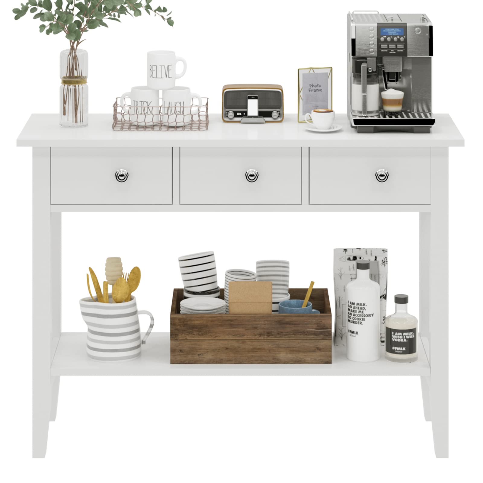 Soges 3-Drawer Console Table with Storage Shelf - Entryway Sofa Table, Hallway Table, Behind Couch Table - White - Perfect for Living Room, Corridor & Small Space Organization