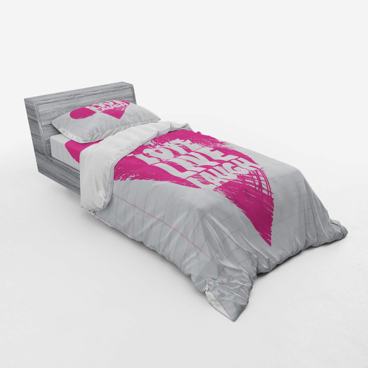 Ambesonne Live Laugh Love 3-Piece Twin XL Bedding Set - Notebook Style Duvet Cover with Giant Heart Design, Sham & Fitted Sheet in Hot Pink & White - Perfect for Teen Girls' Rooms, Dorm Decor & Cozy Bedroom Makeovers