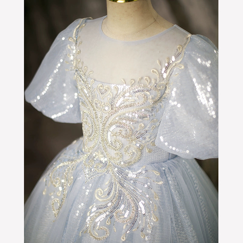 Dusty Blue Princess Round Floor Length Sequined Flower Girl Dress for Weddings, Pageants & Special Occasions