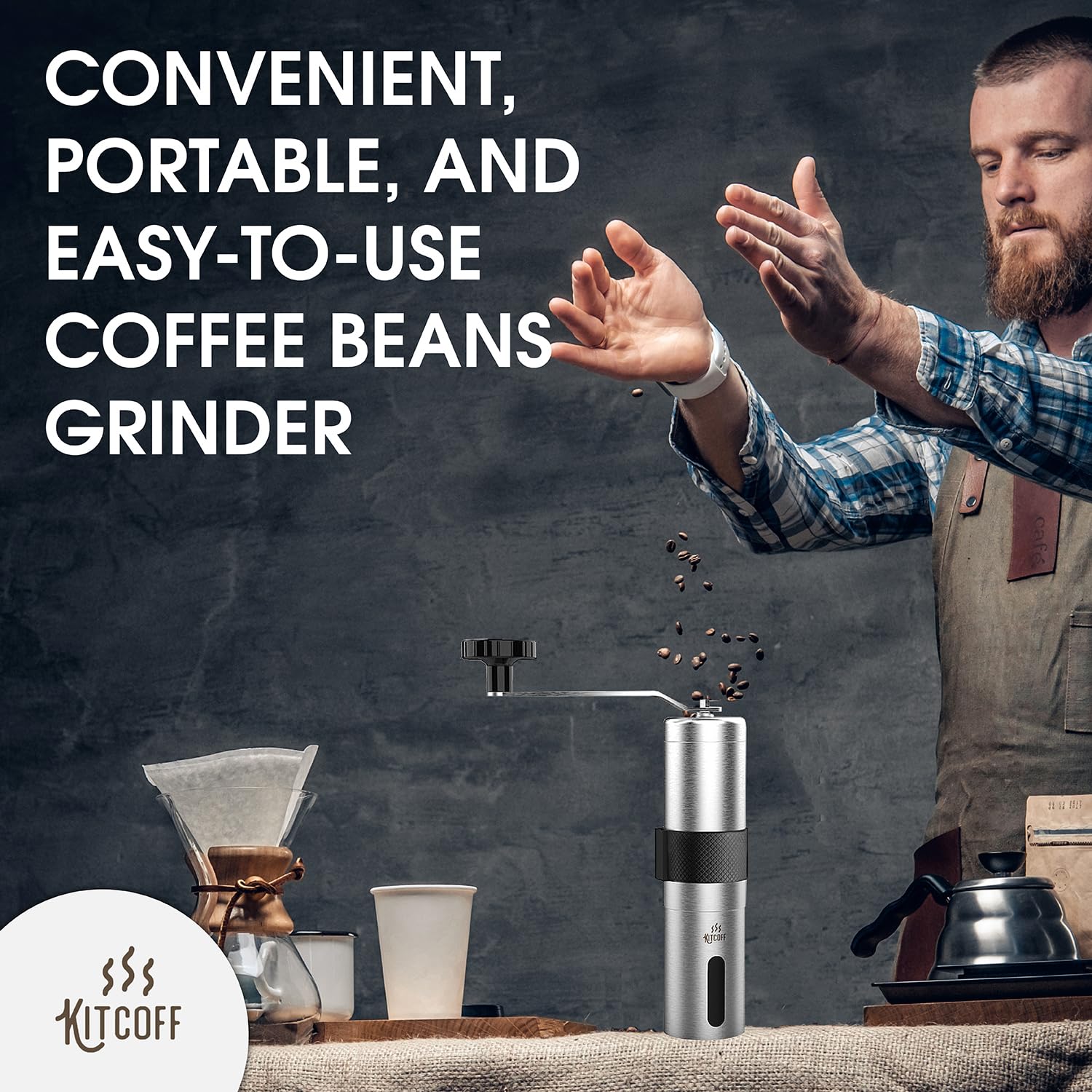 Premium Manual Coffee Grinder - Adjustable 18-Click Hand Crank Coffee Mill with Ceramic Burr, Stainless Steel Body & Ergonomic Handle - Portable for Travel, Camping & Home Brewing - Includes Cleaning Brush & Storage Pouch