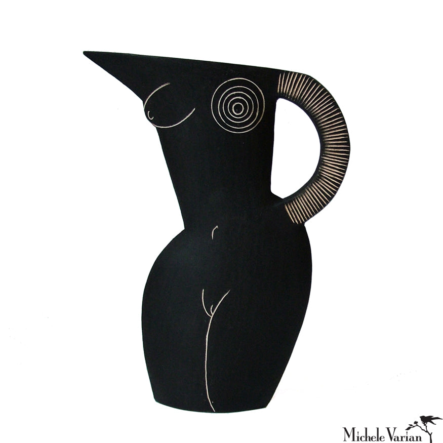 Arched Front Nude Black Earthenware Pitcher - Handcrafted Ceramic Water Jug for Home Decor, Kitchen Use & Rustic Table Setting