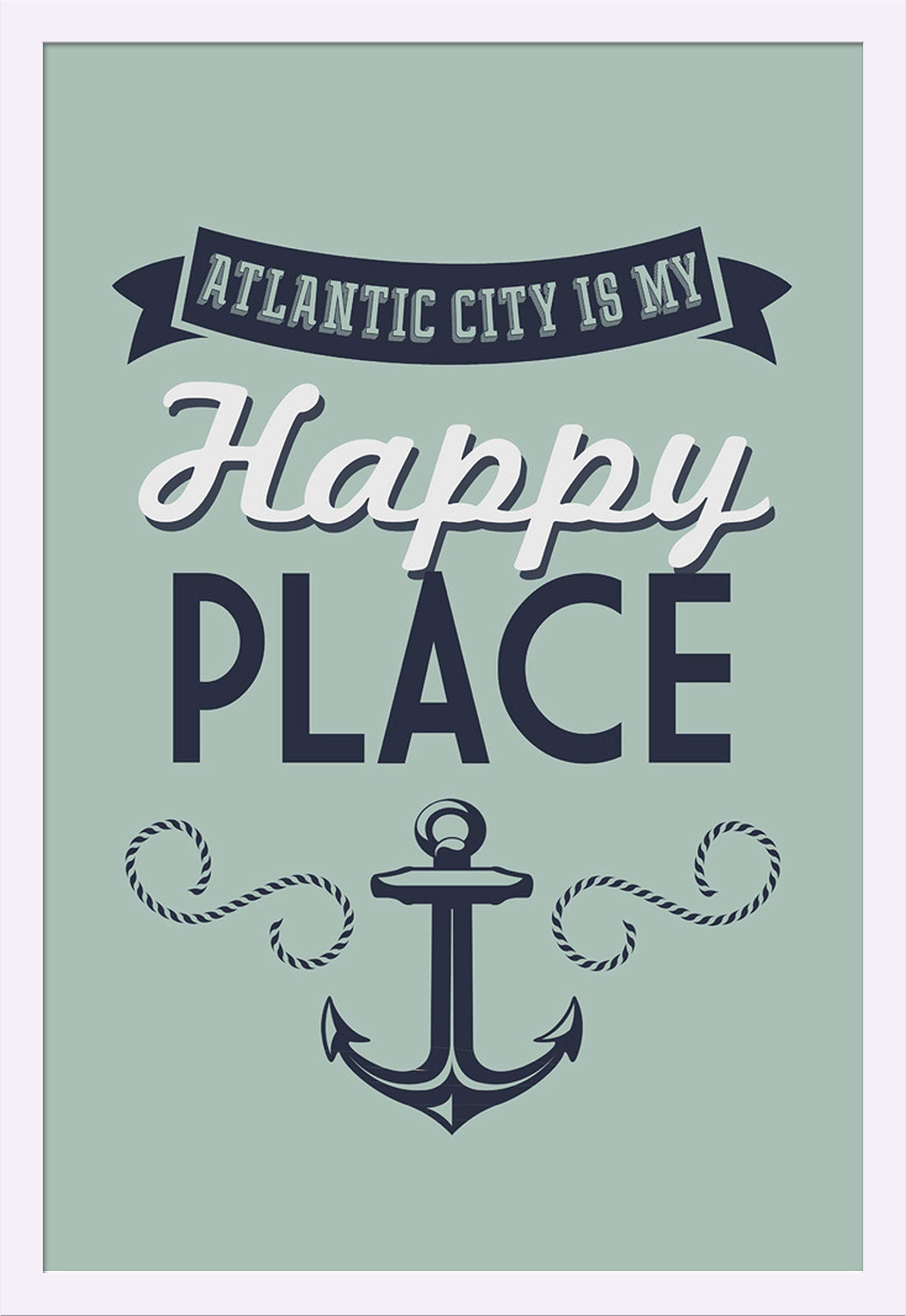 New Jersey Atlantic City Is My Happy Place 24x36 Giclee Art Print - Gallery Framed White Wood Wall Decor for Living Room, Bedroom & Office