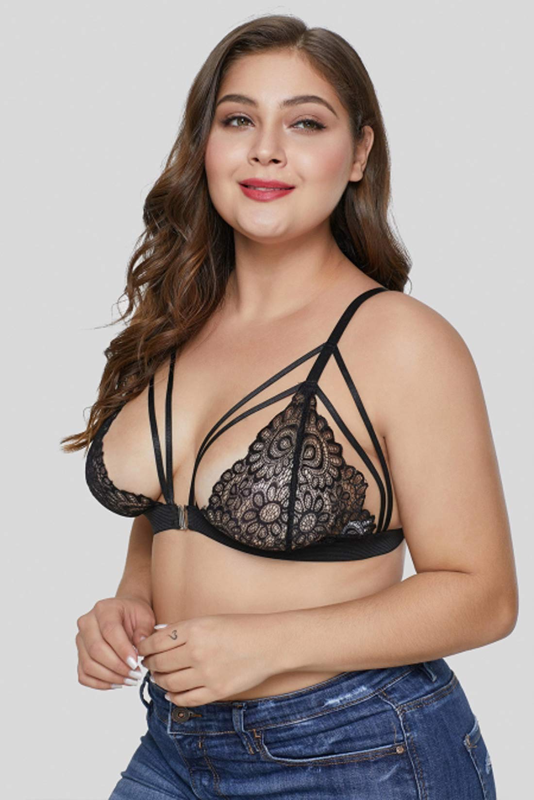**Plus Size Sexy Bralette Lingerie for Women - Floral Sheer Lace Strappy Bra Top | Comfortable & Supportive Underwear for Everyday Wear or Special Occasions**