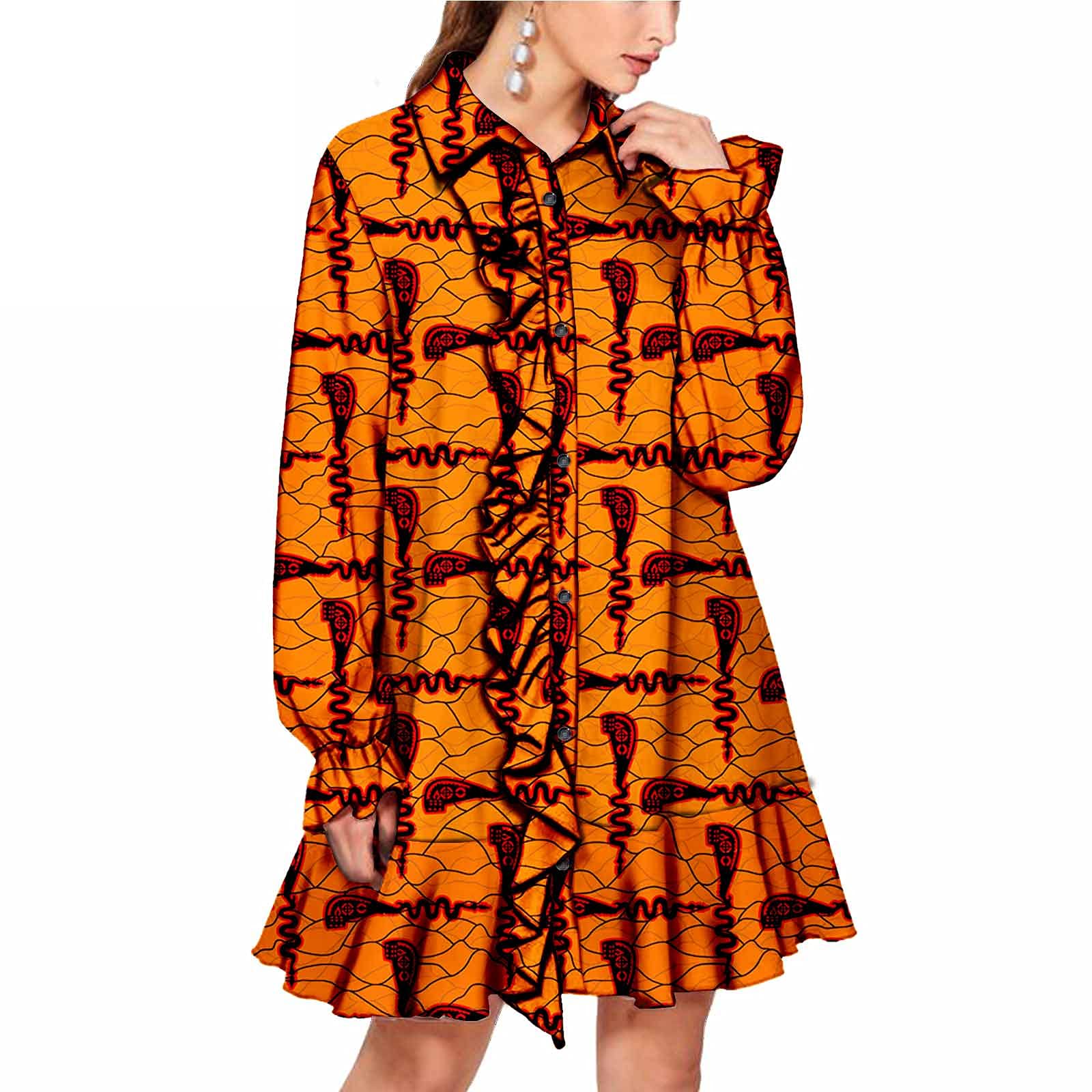 African Modern Women's Fashion Shirt Dress - Elegant Shirt Collar Pleated Lace Long Sleeve Loose Dress for Casual Wear, Office & Special Occasions