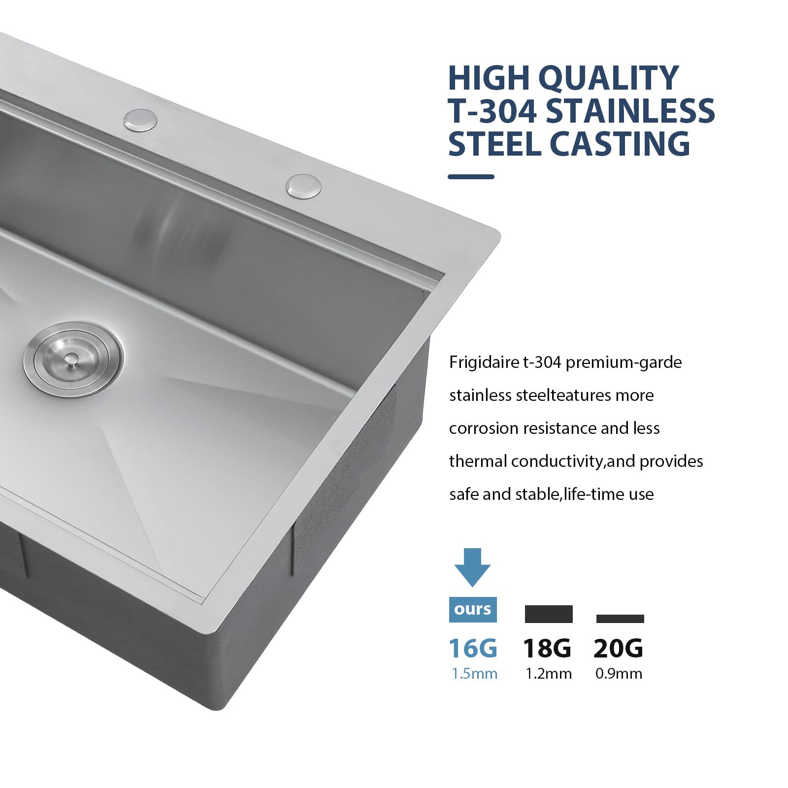 Lordear 33x19 Inch Drop-In Kitchen Sink - 16 Gauge 304 Stainless Steel Single Bowl Workstation with Built-in Accessories | Over Counter Handmade Sink Basin for Modern Kitchens & Restaurant Prep