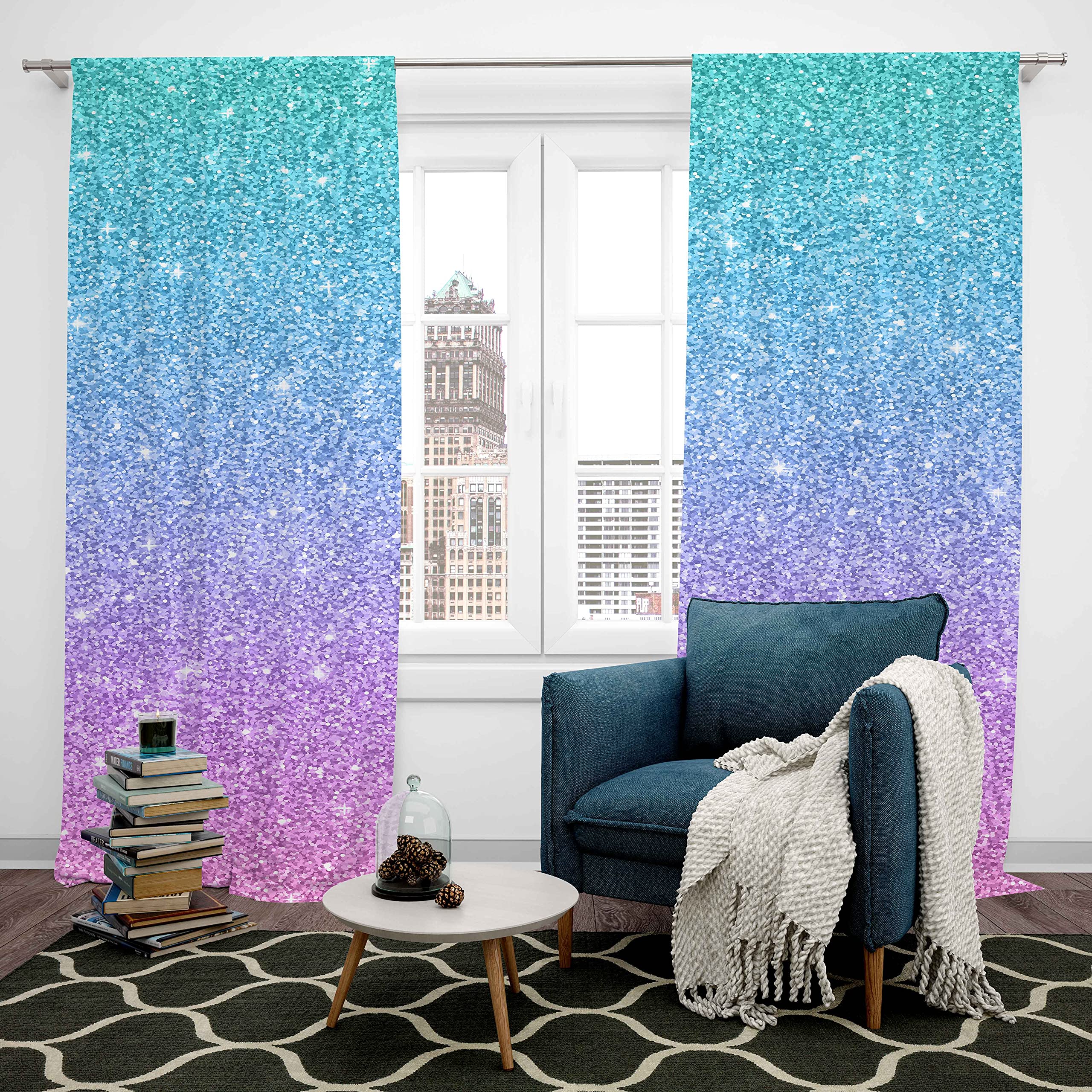 Feelyou Teal Pink Glitter Curtains for Girls Bedroom - Rod Pocket Sparkle Mermaid Drapes, Turquoise Pastel Window Treatment, 52W x 96L Inches, 2 Panels (No Glitter) - Perfect for Kids Room Decor, Nursery, Princess Themed Bedroom & Playroom
