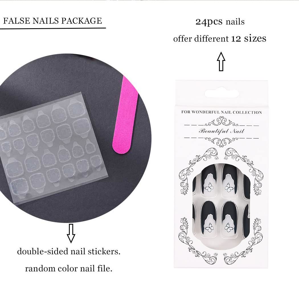 24PCS Black Matte Press On Nails Long Oval Fake Nails with Butterfly French Design - Full Cover Acrylic Nail Tips for Women & Girls | Perfect for Parties, Weddings & Daily Manicure