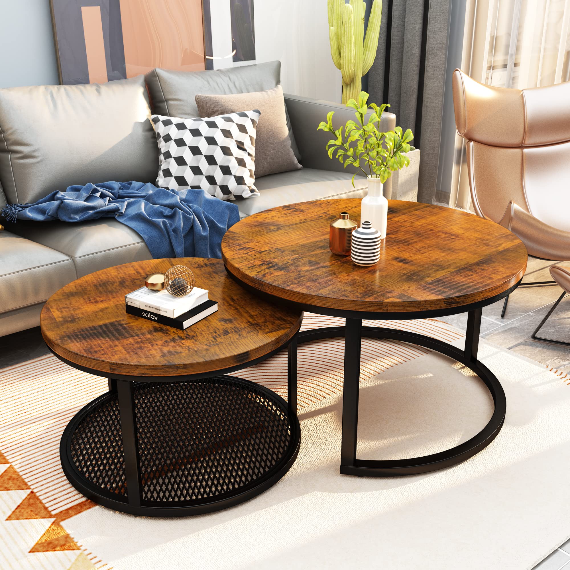 Lamerge 2-Piece Nesting Coffee Table Set - Round Rustic Brown Living Room Tables (29