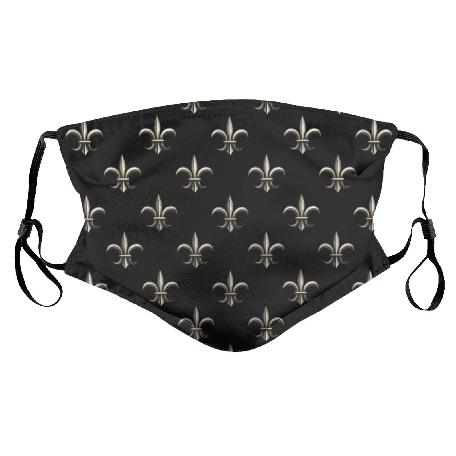 Washable Reusable Face Mask with 2 Replaceable Filters - Silver Black Fleur-De-Lis Design - Breathable Comfortable Face Cover for Daily Use, Travel & Outdoor Activities