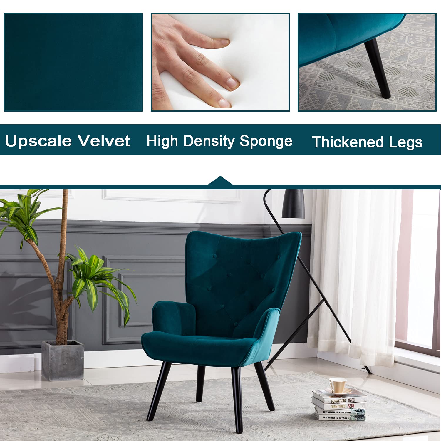 Baysitone Modern Velvet Accent Chair - High Back Comfortable Lounge Chair for Living Room, Bedroom & Office - Upholstered Compact Leisure Side Chair in Teal Blue - Perfect for Reading Nook, Small Spaces & Home Decor