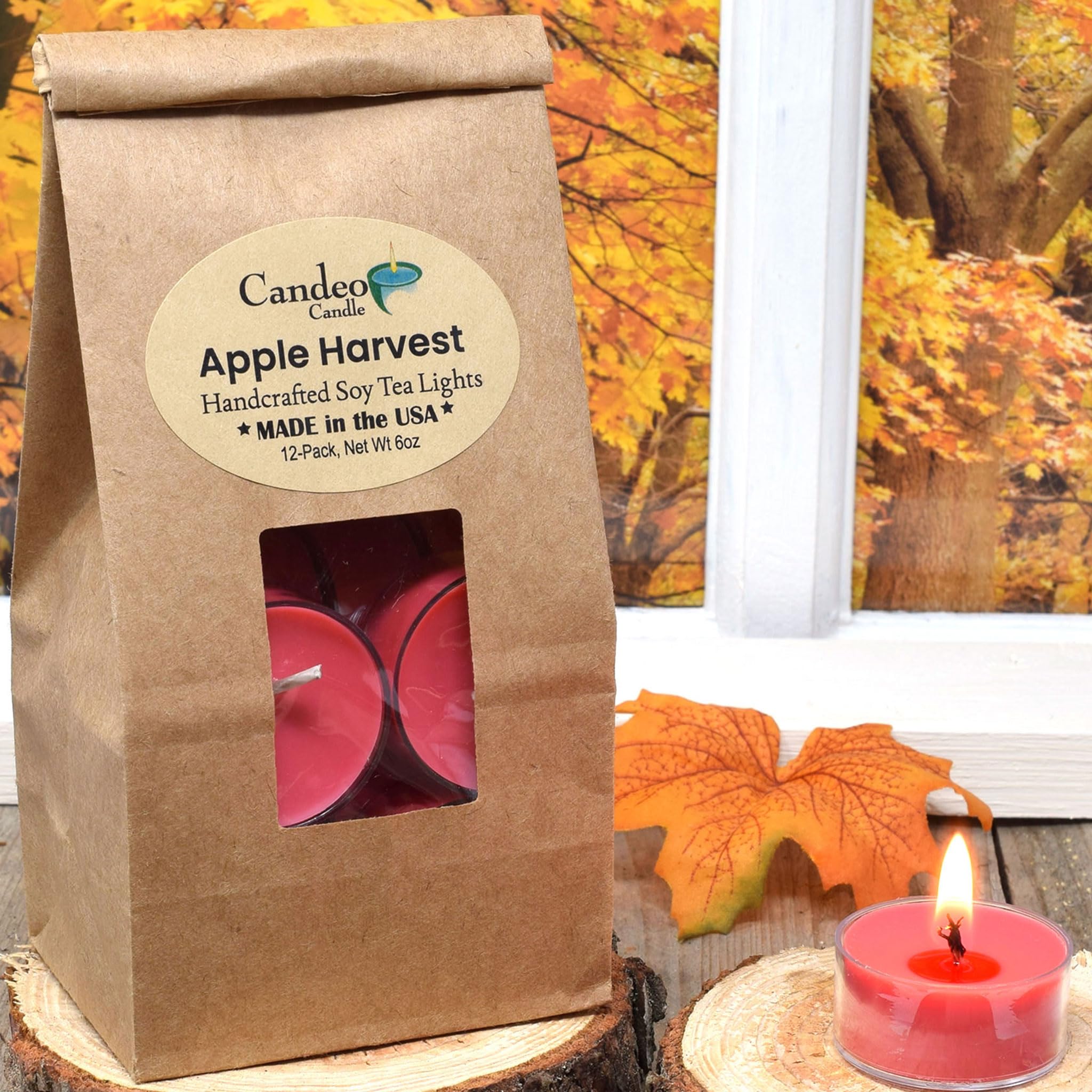 Apple Harvest Scented Tealight Candles - 12 Pack Soy Beeswax Blend - Handmade in USA - Fall Home Decor, Thanksgiving & Cozy Autumn Ambiance - Candeo Candle