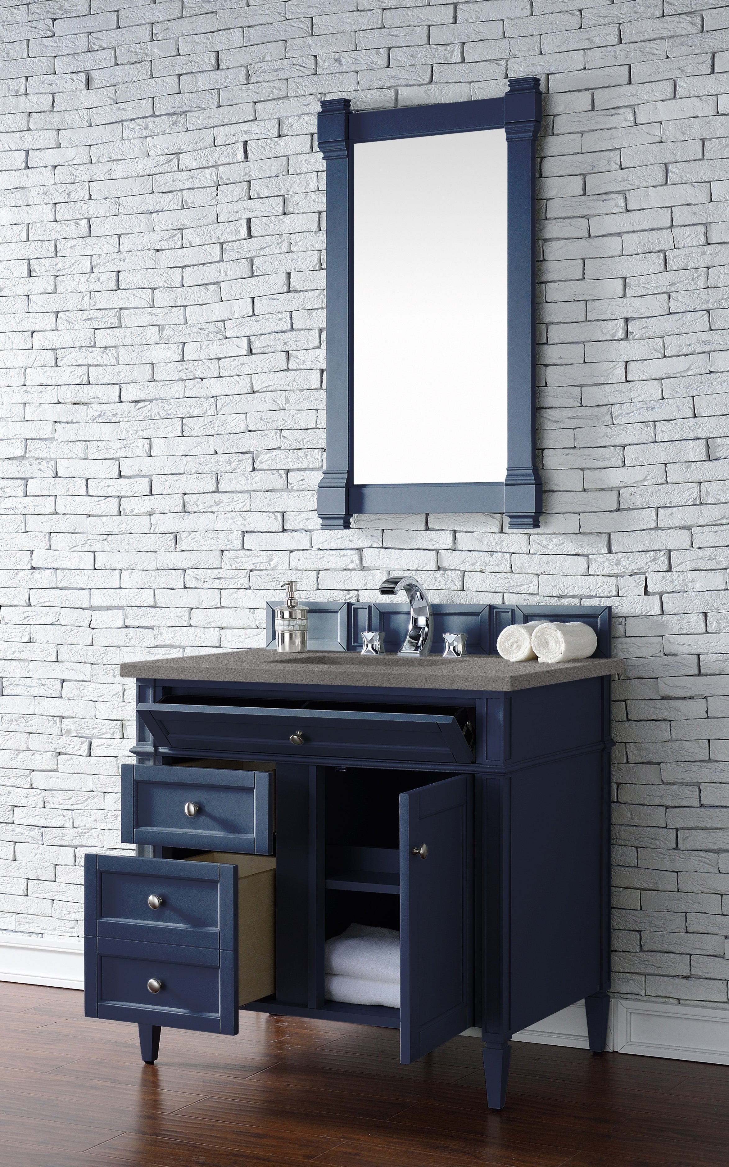 Brittany 36-Inch Single Bathroom Vanity in Victory Blue with 3CM Grey Expo Quartz Countertop - Perfect for Modern Master Bathrooms & Powder Rooms