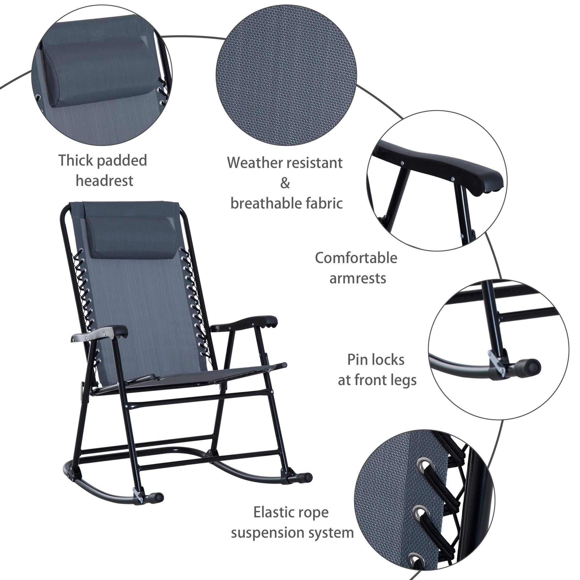 Outsunny 3-Piece Outdoor Rocking Bistro Set - Grey Patio Furniture with Folding Chairs & Glass Coffee Table for Garden, Deck, Backyard | Perfect for Relaxing, Entertaining & Outdoor Dining