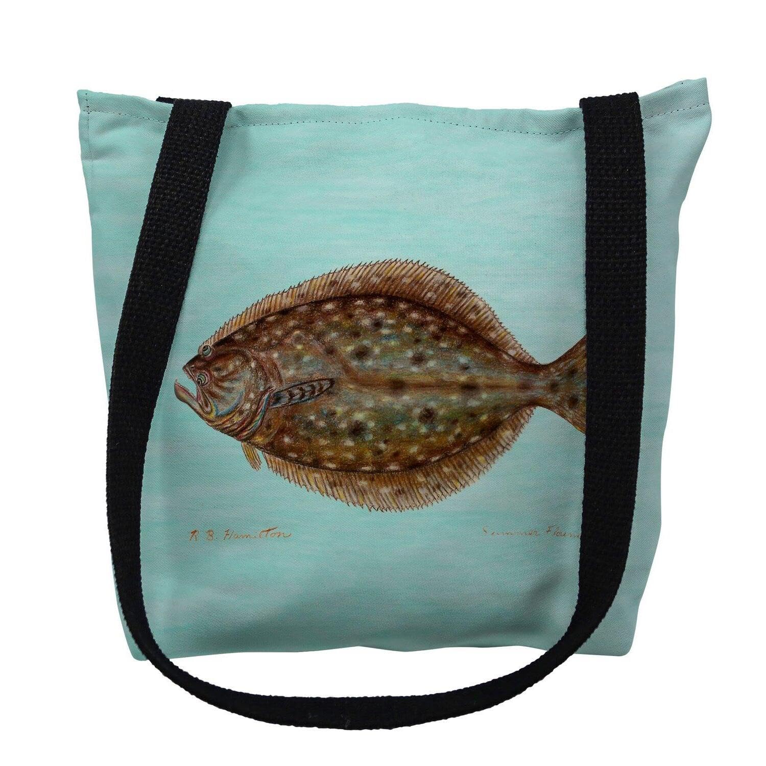 Betsy Drake Flounder on Aqua Left Medium Tote Bag 16x16 - Stylish Canvas Beach Bag for Women, Perfect for Shopping, Travel & Everyday Use