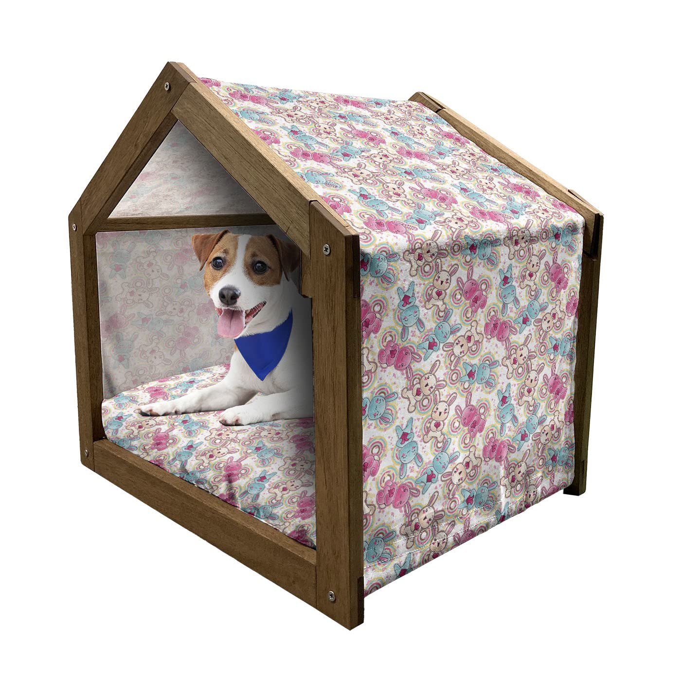 Ambesonne Anime Wooden Pet House - Colorful Kawaii Characters with Pink Hearts & Stars Design, Indoor & Outdoor Portable Dog Kennel with Pillow & Cover, Medium Size, Multicolor - Perfect for Small Dogs & Cats in Living Rooms, Bedrooms, or Backyards