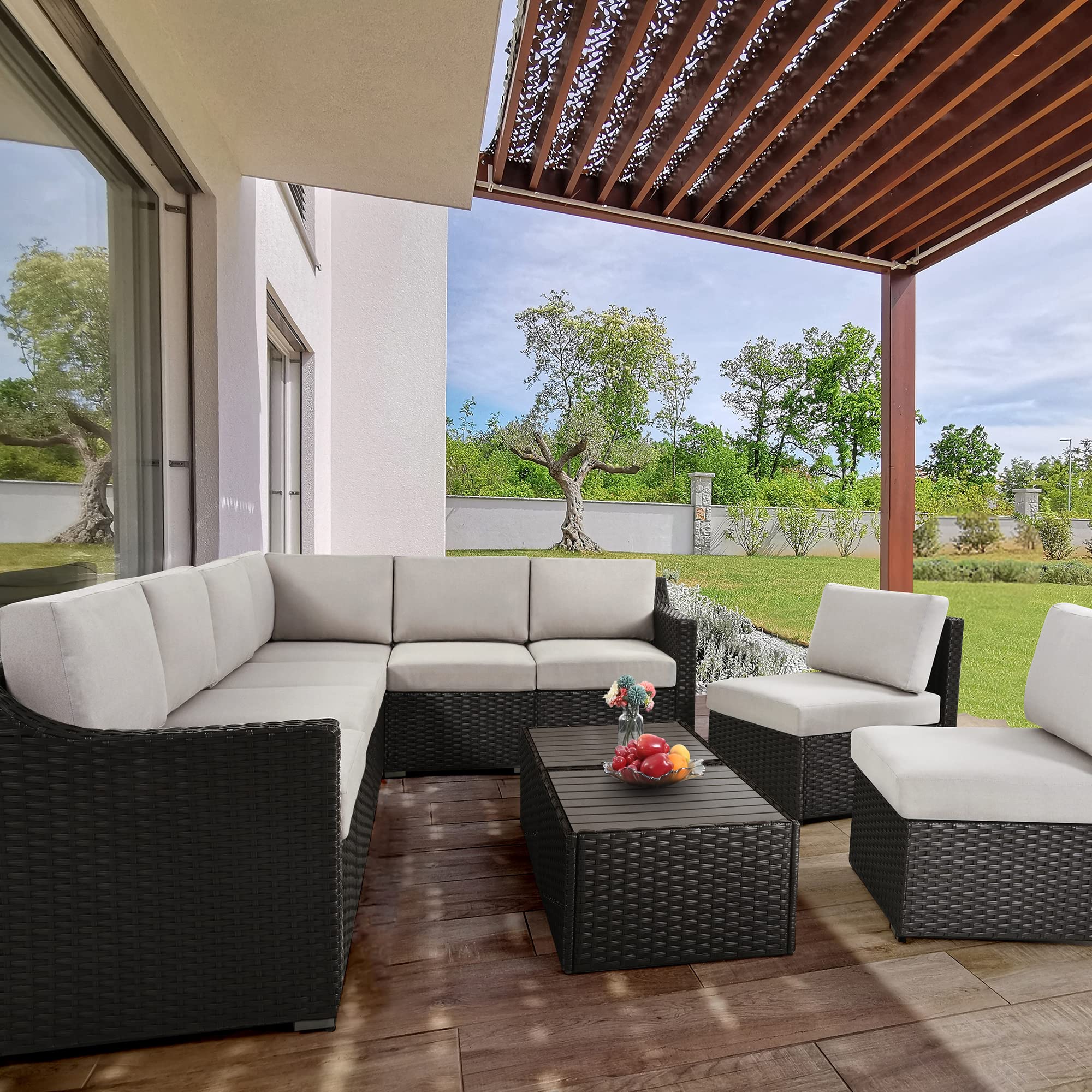 HAPPATIO 10-Piece All-Weather Patio Conversation Set - Brown/Gray Rattan Wicker Outdoor Sectional Sofa with Thick Cushions, Multiple Configuration Options & Easy Setup - Perfect for Backyard, Garden, Poolside & Outdoor Lounge Areas