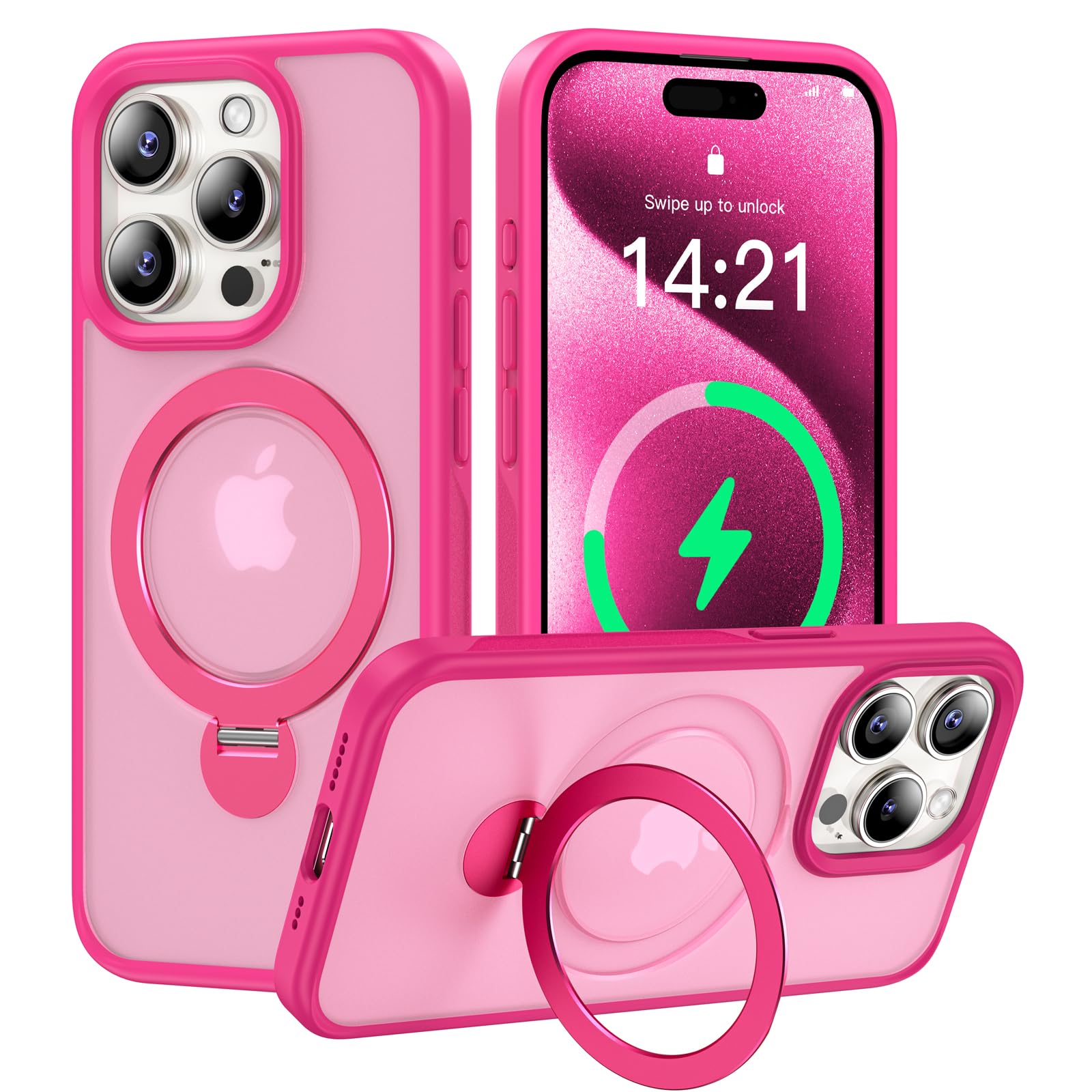 Genuine Magnetic Ring Stand Case for iPhone 15 Pro Max | Military-Grade Drop Protection & MagSafe Compatible | Shockproof Matte Translucent Slim Cover 6.7 Inch 2023 (Rose Red) | Perfect for Work, Travel & Everyday Protection