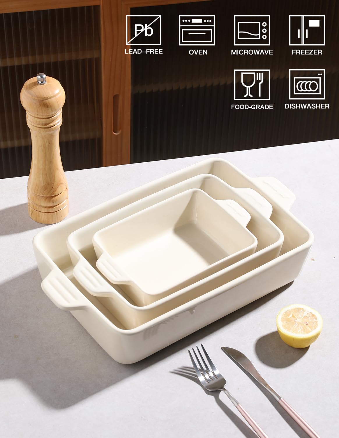 Sweejar 11.8 x 7.8 x 2.76 Inch Ceramic Baking Dish Set - Oven Safe Rectangular Casserole Pan for Lasagna, Cakes, Roasts | Perfect for Home Cooking, Dinner Parties & Holiday Meals (Beige)