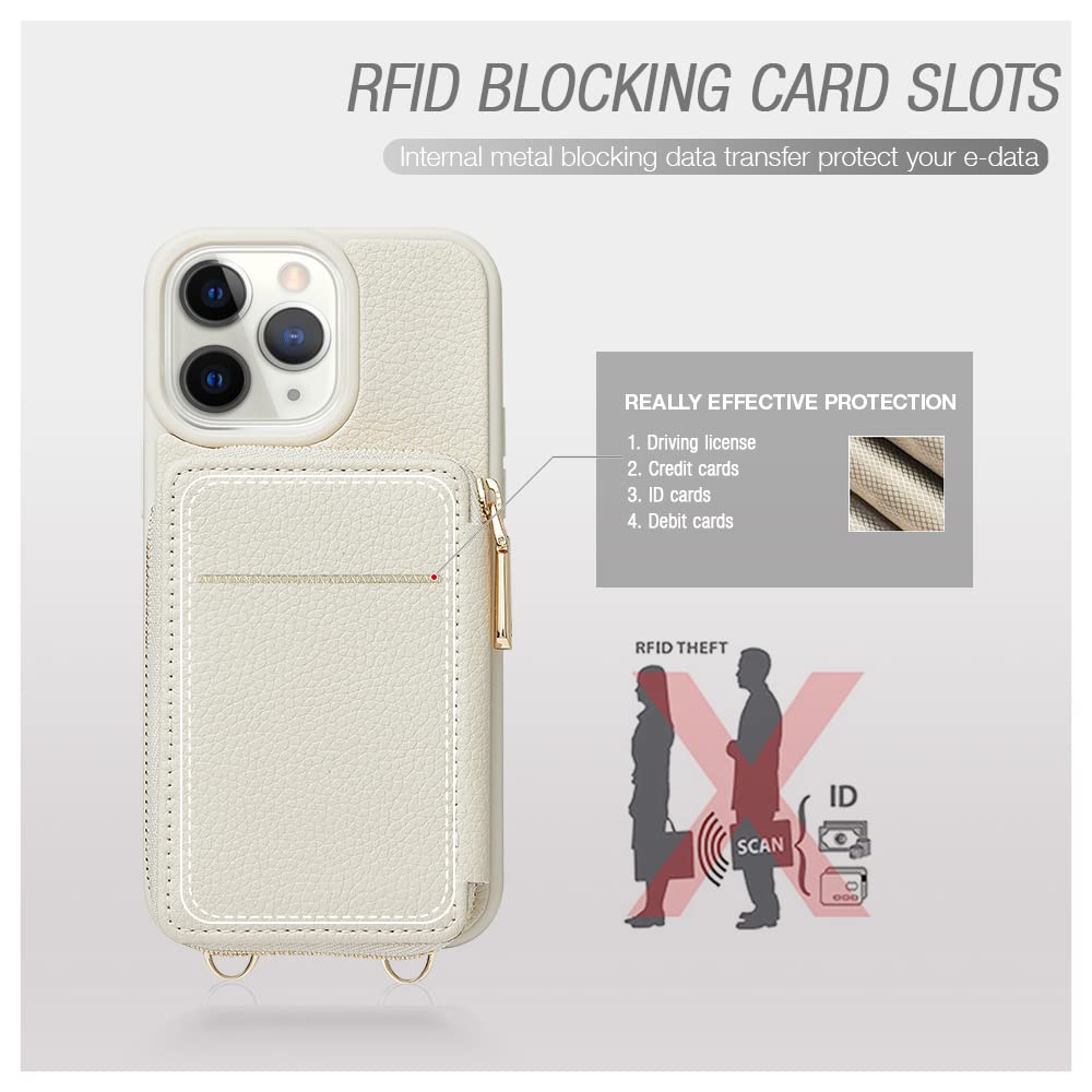 ZVE iPhone 11 Pro Max Wallet Case with Card Holder & Wrist Strap - RFID Blocking Leather Crossbody Phone Purse for Women (6.5 inch, 2019 Model, Beige) | Perfect for Shopping, Travel & Everyday Use