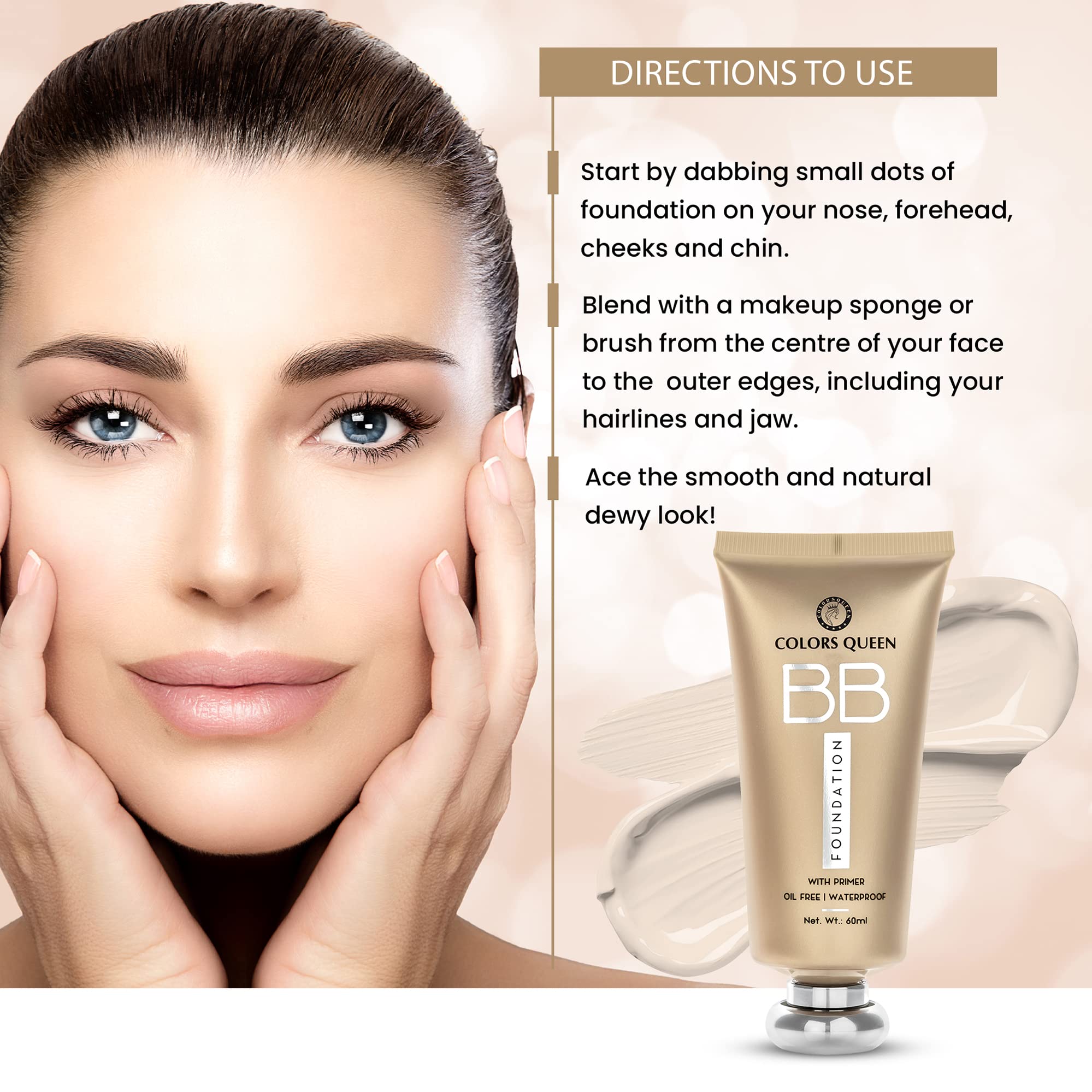 COLORS QUEEN Bb Liquid Foundation With Primer, 01 Ivory, 60Ml | Matte Finish, Full Coverage, Oil-Free & Waterproof Foundation | Long-Lasting Makeup for Oily Skin | Perfect for Daily Wear, Special Occasions & Photography