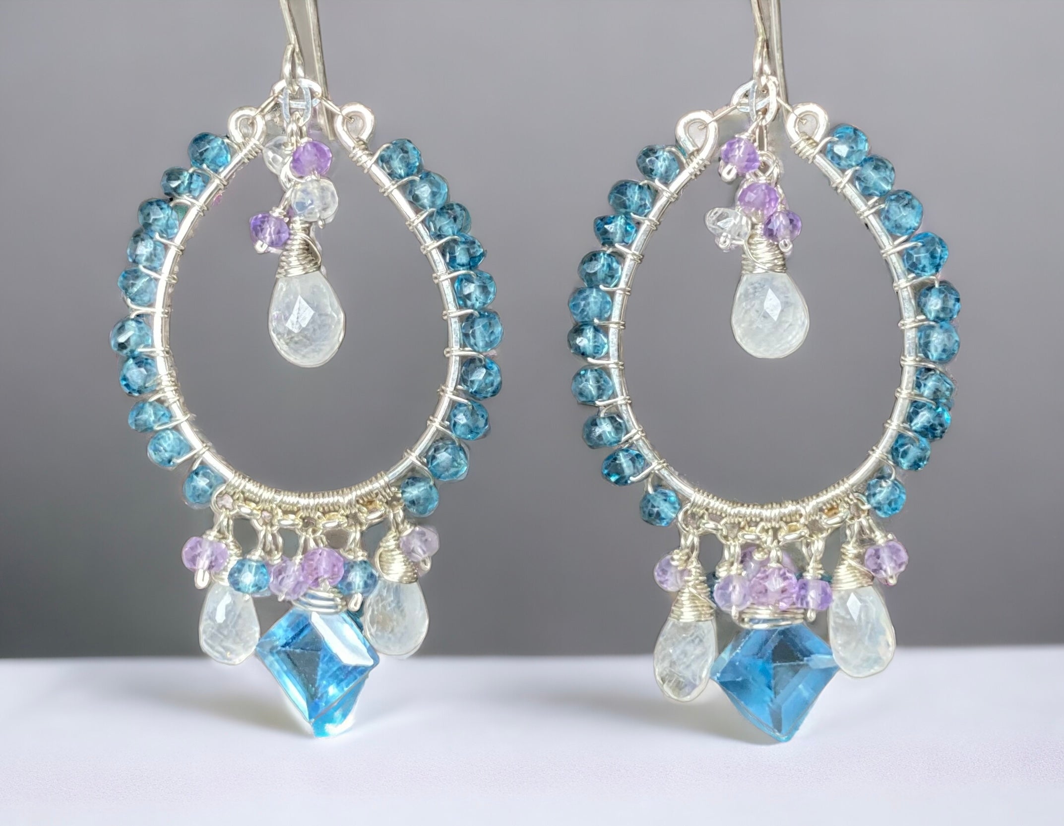 Blue Gemstone Chandelier Hoop Earrings for Women - Elegant Dangling Crystal Jewelry for Party, Wedding & Evening Wear