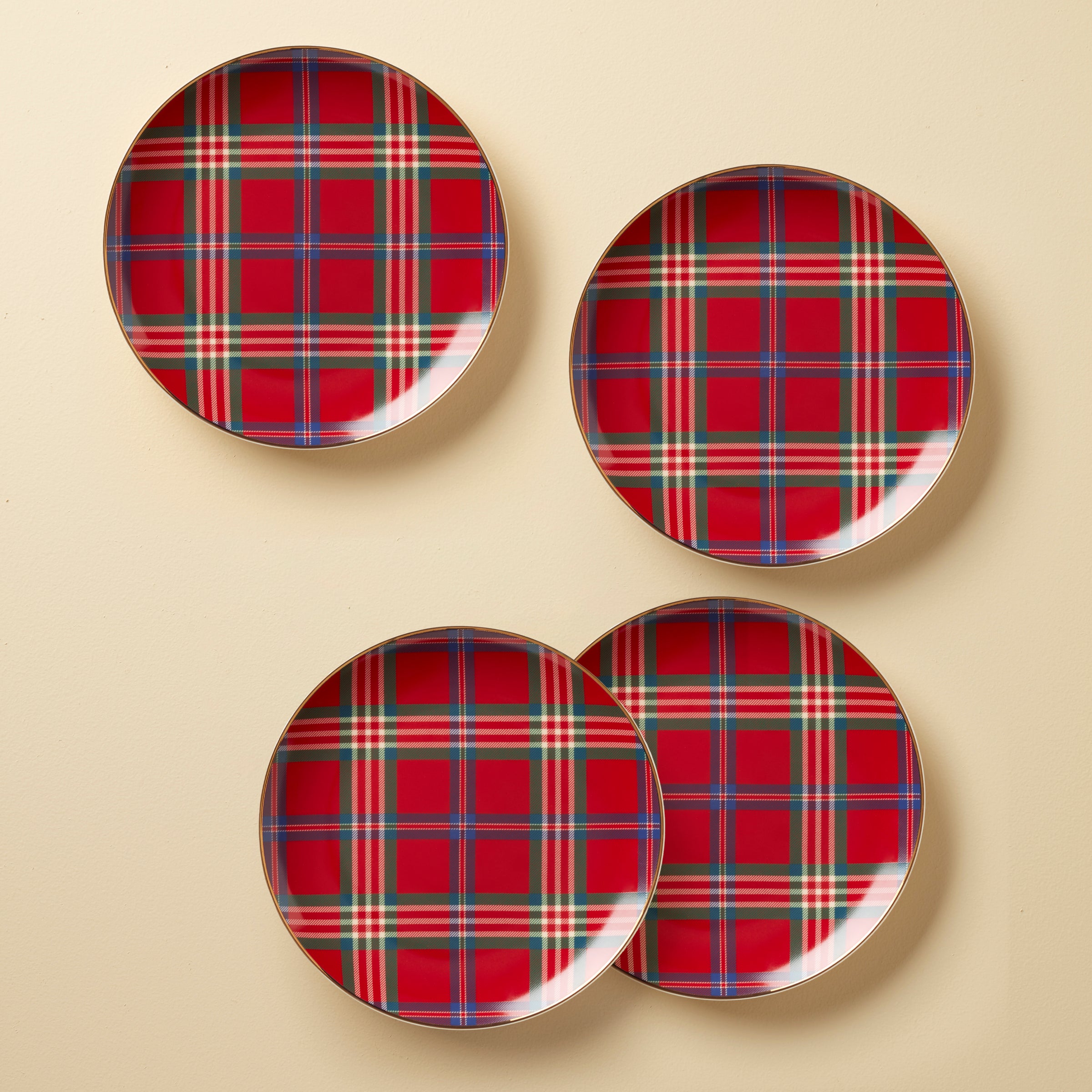 Festive Red Tartan Accent Plates - Set of 4 Christmas Dinner Plates for Holiday Table Decor & Party Serving